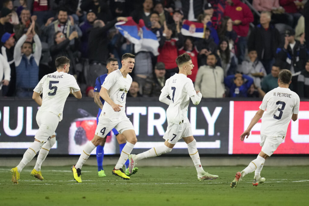 Serbia midfielder Luka Ilić (7) celebrates after scoring during the first half of an international friendly soccer match against the United States in Los Angeles, Wednesday, Jan. 25, 2023. (AP Photo/Ashley Landis)