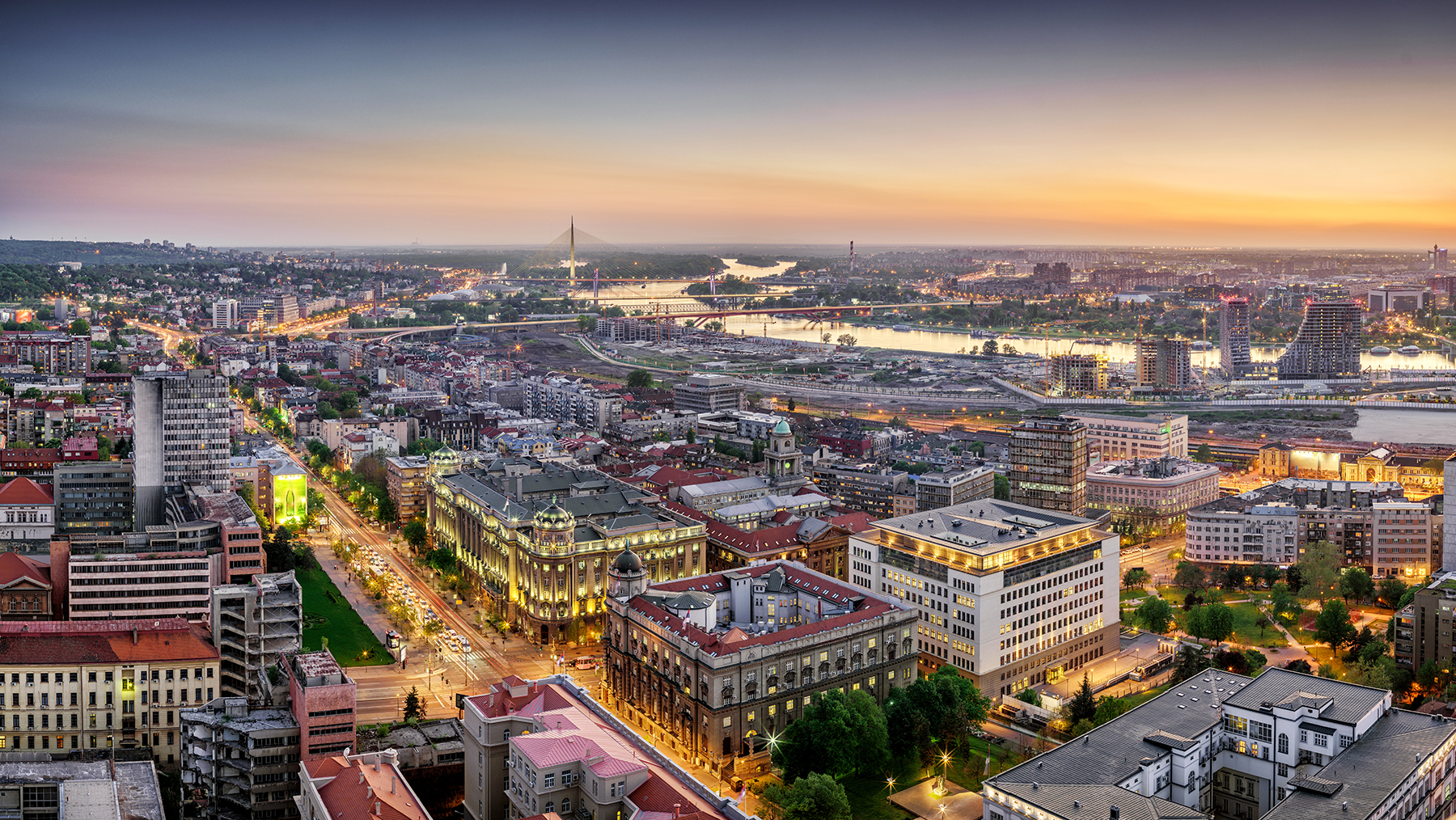 Beograd panorama, Belgrade downtown, Ada, Gazela bridges, Sava River Waterfront sunset dusk aerial panorama