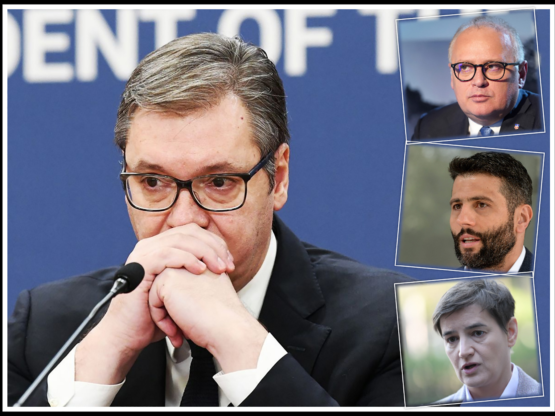 Aleksandar Vučić glavni, kao razmišlja nešto, a u kružićima Ana Brnabić, Goran Vesić i Aleksandar Šapić