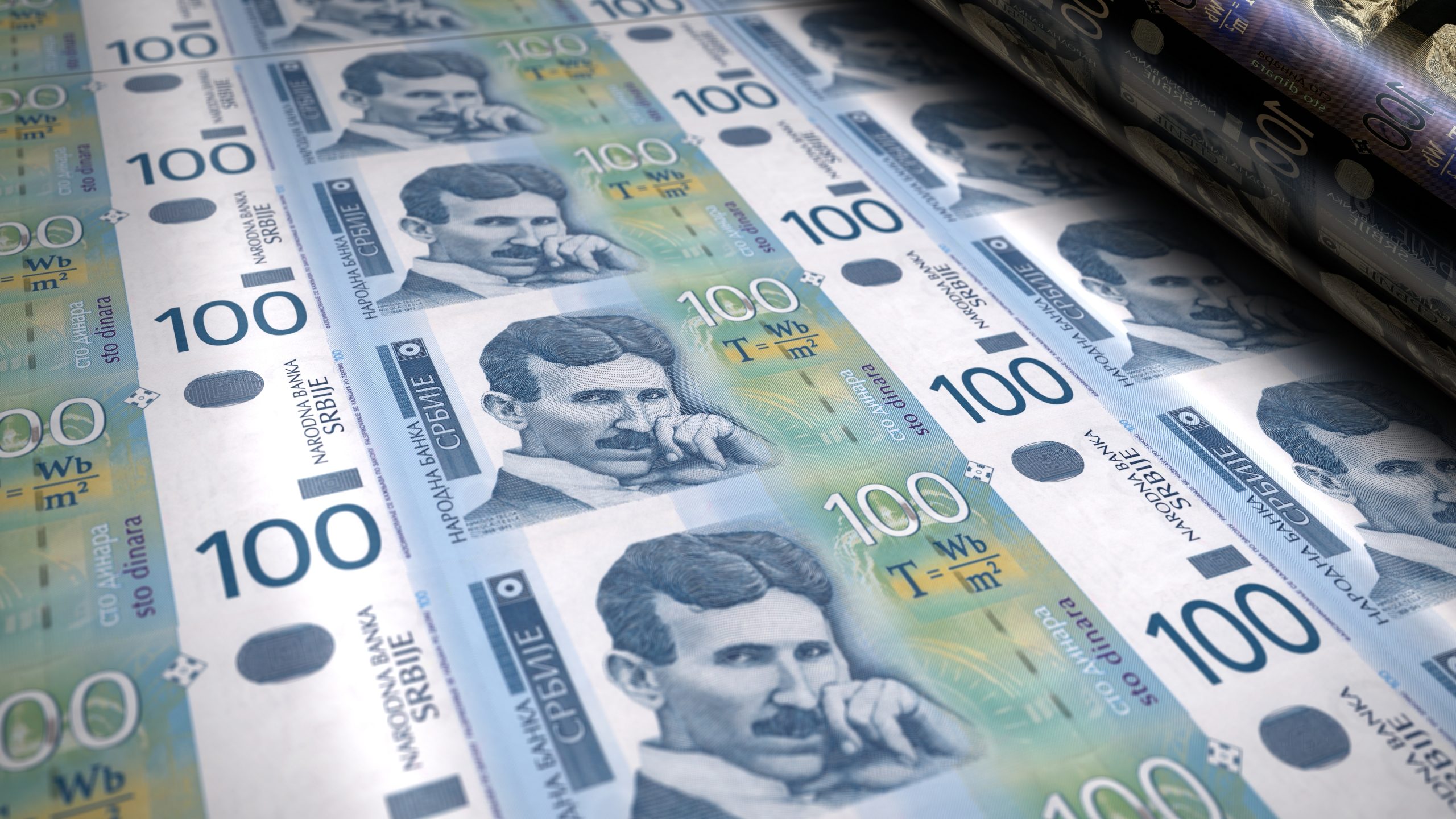 stampanje novcanice, dinar, Serbian dinar money printing 3d illustration. RSD banknote print. Concept of finance, cash, economy crisis, business success, recession, bank, tax and debt in Serbia.