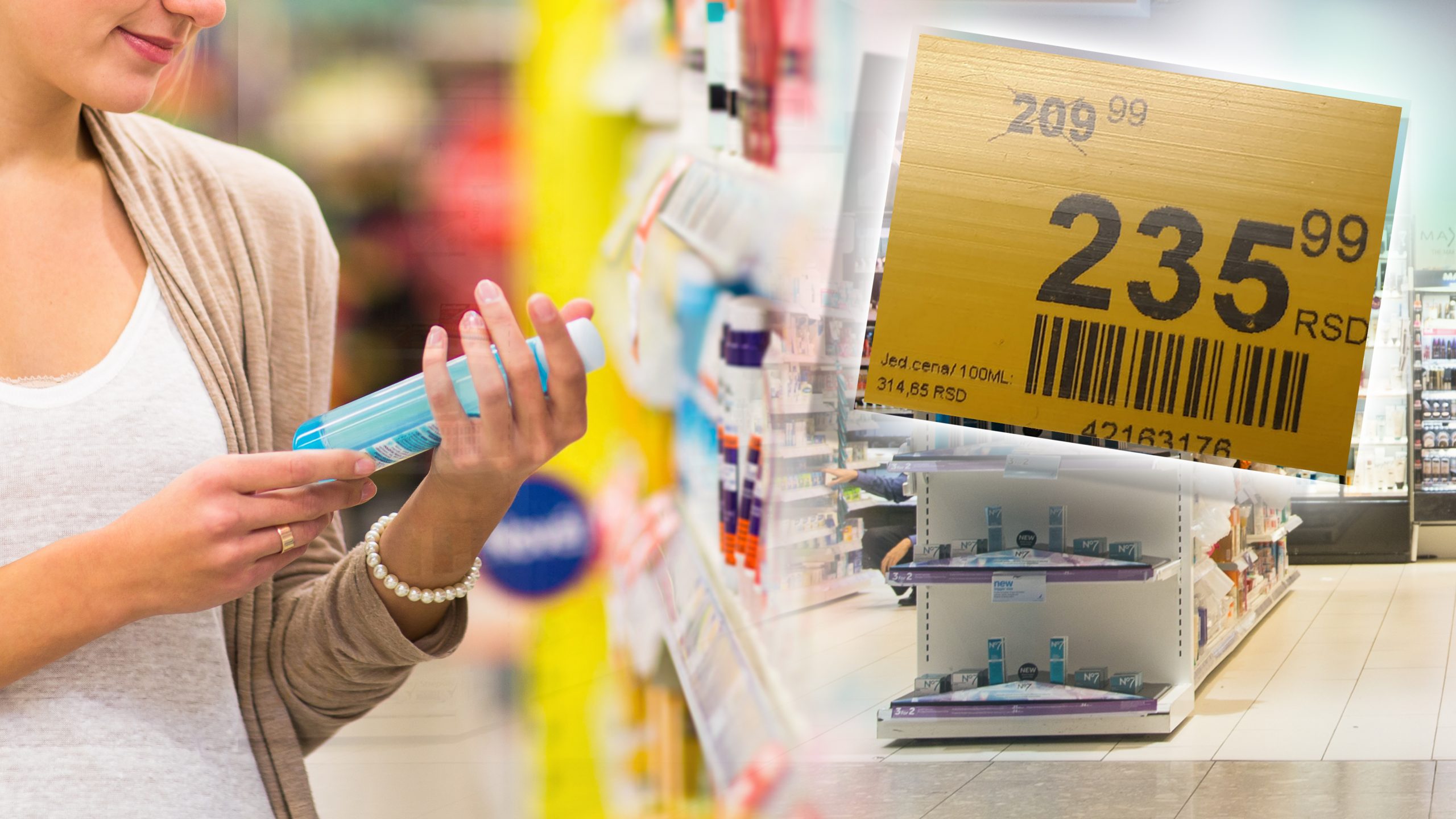 Beautiful young woman shopping in a grocery store/supermarket (color toned image) prodavnica, cena, nivea