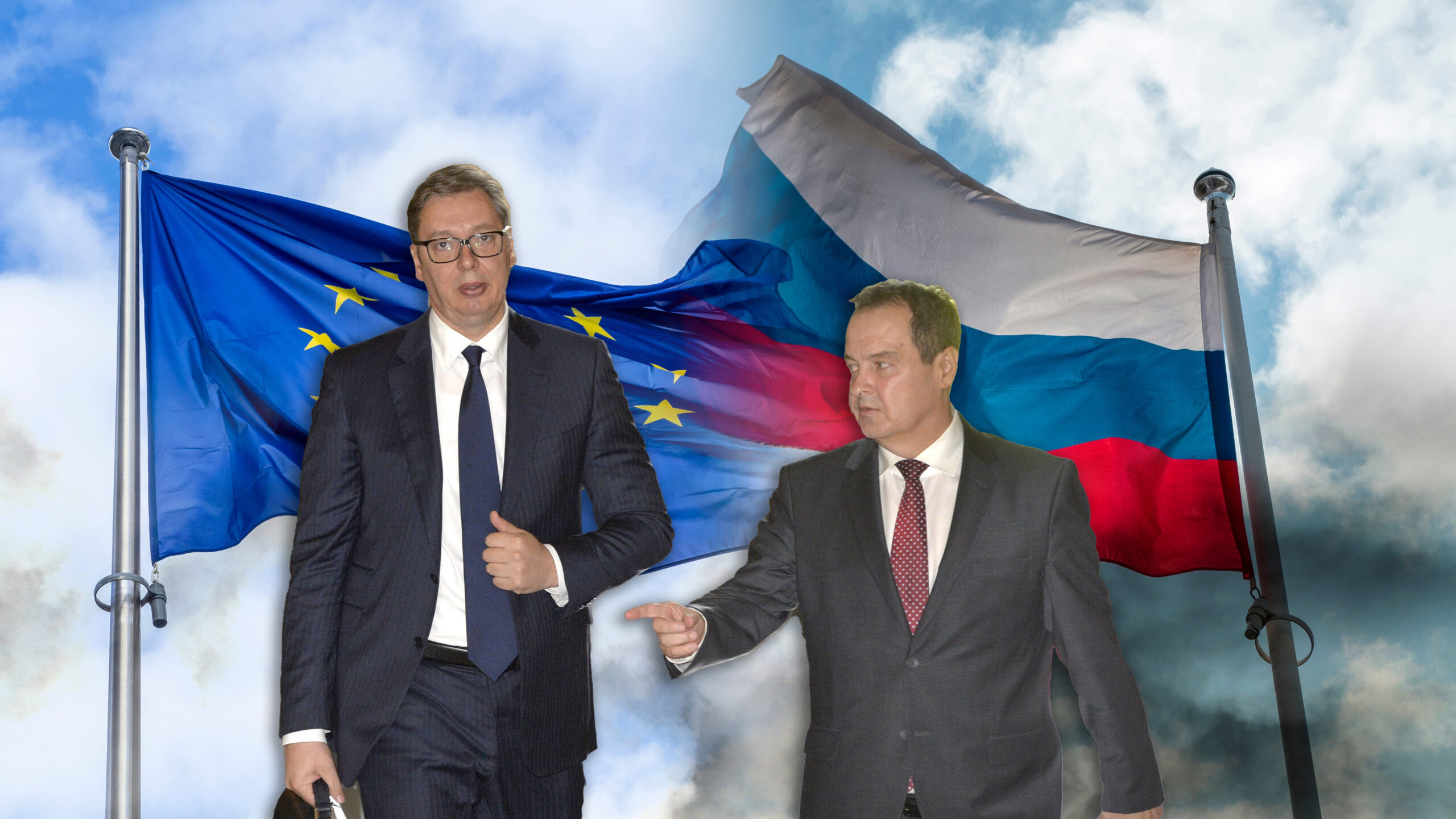 kombo Zastava Rusije zastava EU i na njima Dačić i Vučić