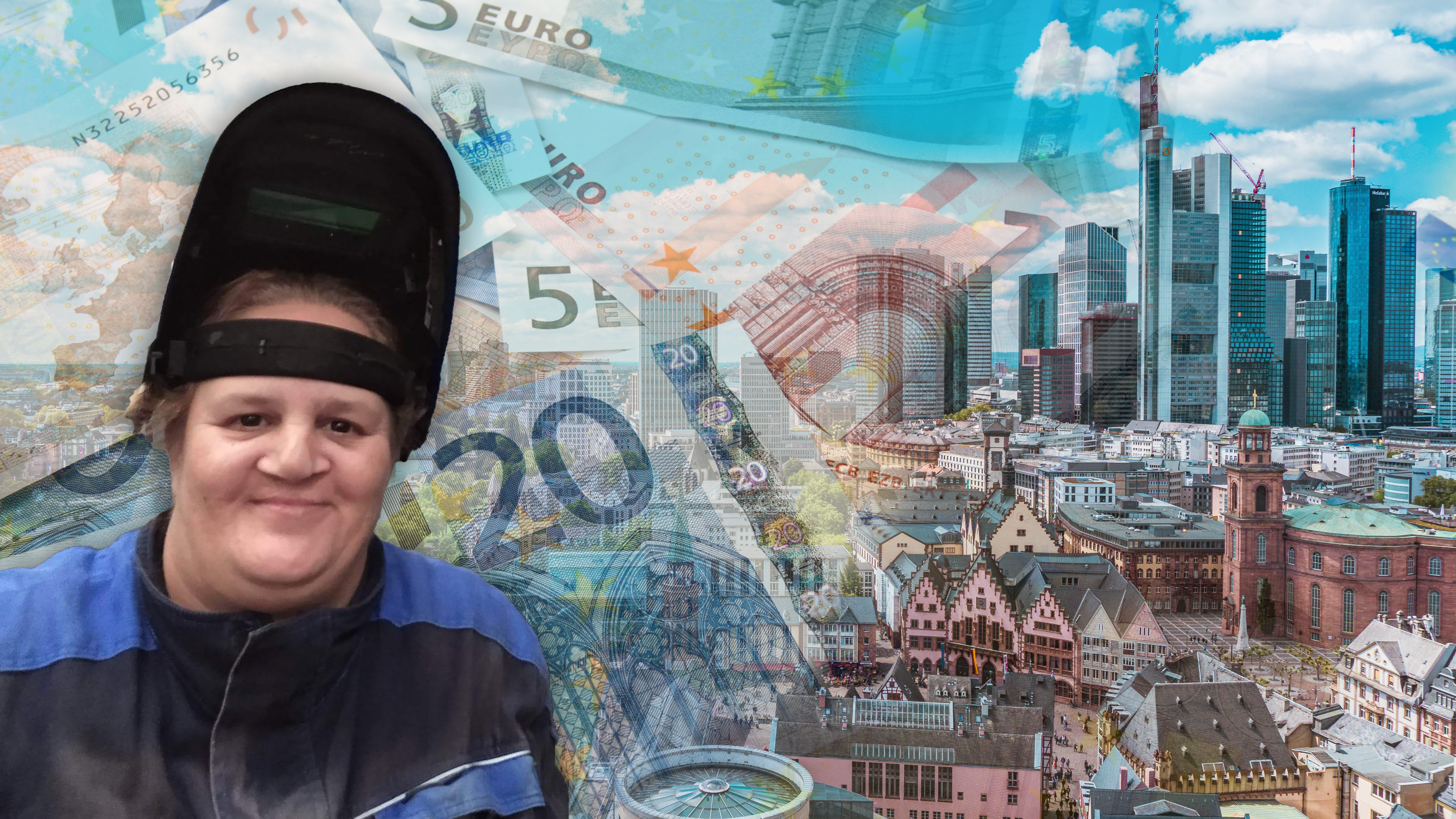 FRANKFURT, GERMANY - May, 2019: View from the Frankfurt Cathedral rooftop. Frankfurt am Main old town and modern skyline, from Kaiserdom St. Bartholom채us.