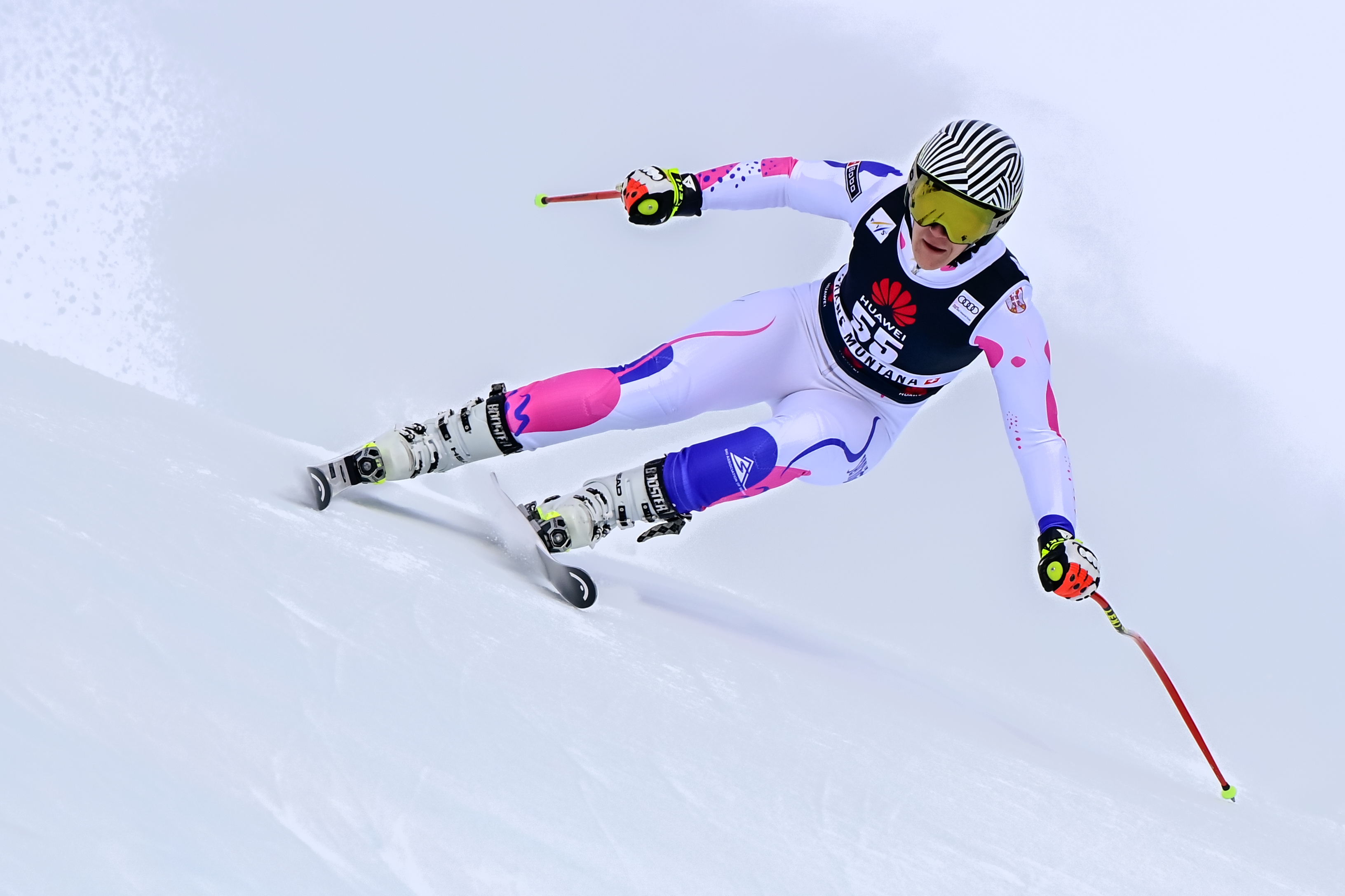epa08951579 Nevena Ignjatovic of Serbia in action during a training session for the women's Downhill race at the FIS Alpine Skiing World Cup in Crans-Montana, Switzerland, 20 January 2021.  EPA-EFE/JEAN-CHRISTOPHE BOTT