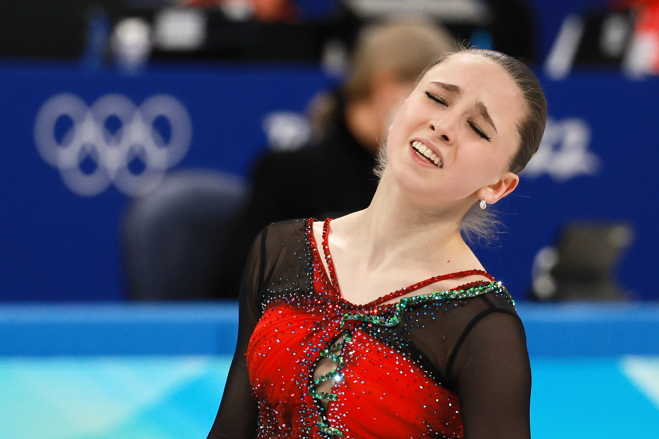 epa09734613 Kamila Valieva of Russia reacts during the Woman Single Skating - Free Skating of the Figure Skating Team Event at the Beijing 2022 Olympic Games, Beijing, China, 07 February 2022.  EPA-EFE/FAZRY ISMAIL