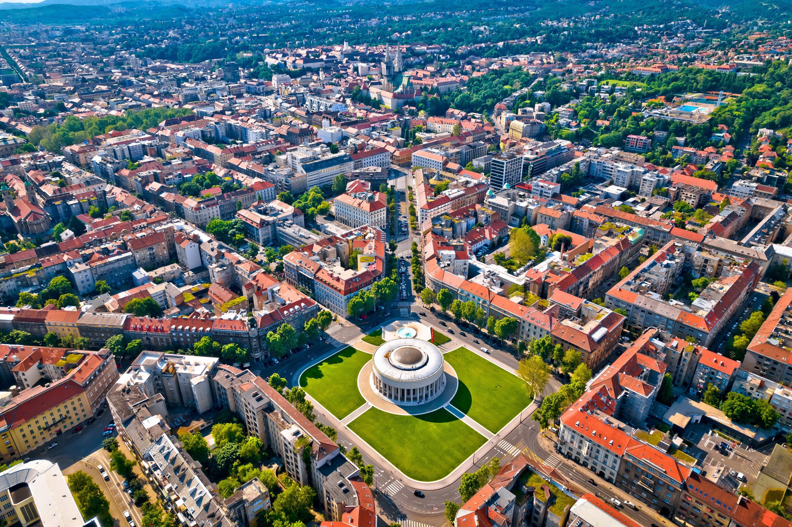 Zagreb aerial. The Mestrovic pavillion and town of Zagreb aerial view. Capital of Croatia..,Image: 650084599, License: Royalty-free, Restrictions: , Model Release: no, Credit line: Dalibor Brlek / Panthermedia / Profimedia