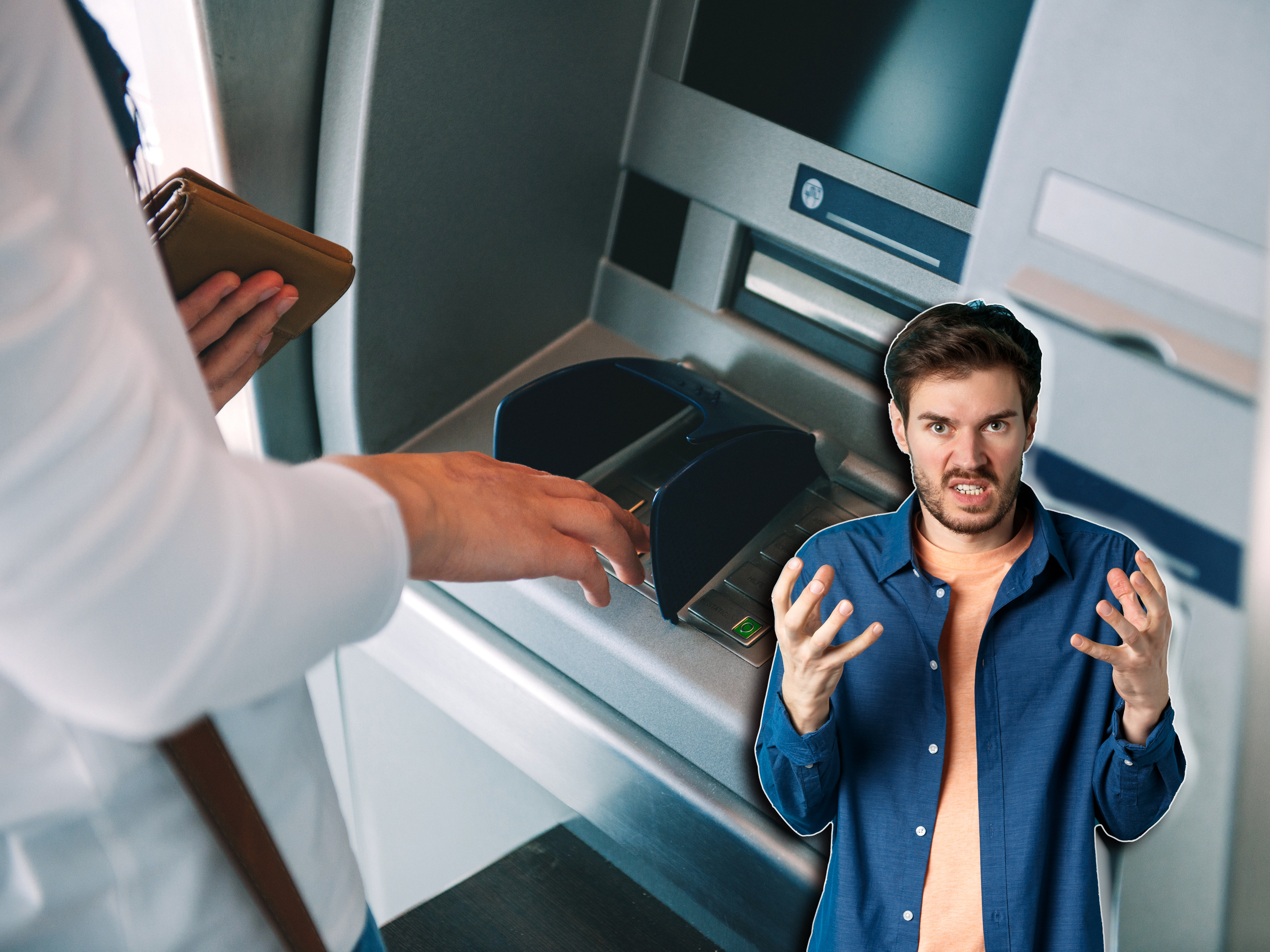 Woman using ATM holding wallet an pressing the PIN security number on the keyboard automatic teller machine
Bankomat, pin kartica ljut covek