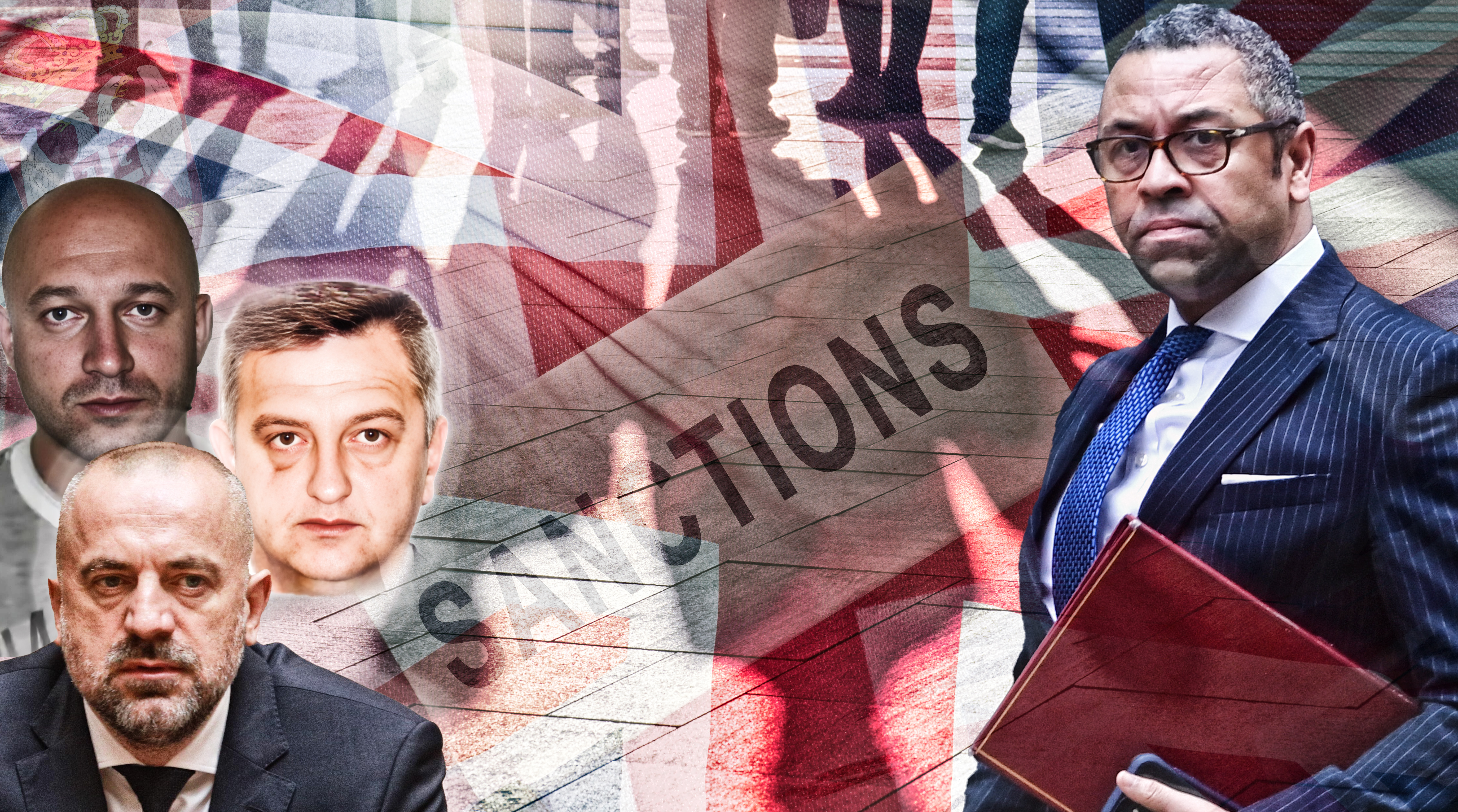 Flag of Great Britain and a block with the inscription Sanctions.
Kleverli kog sam tražio, Veselinović+Tešić+Radoičić, plus neke sankcije i Velika Britanija