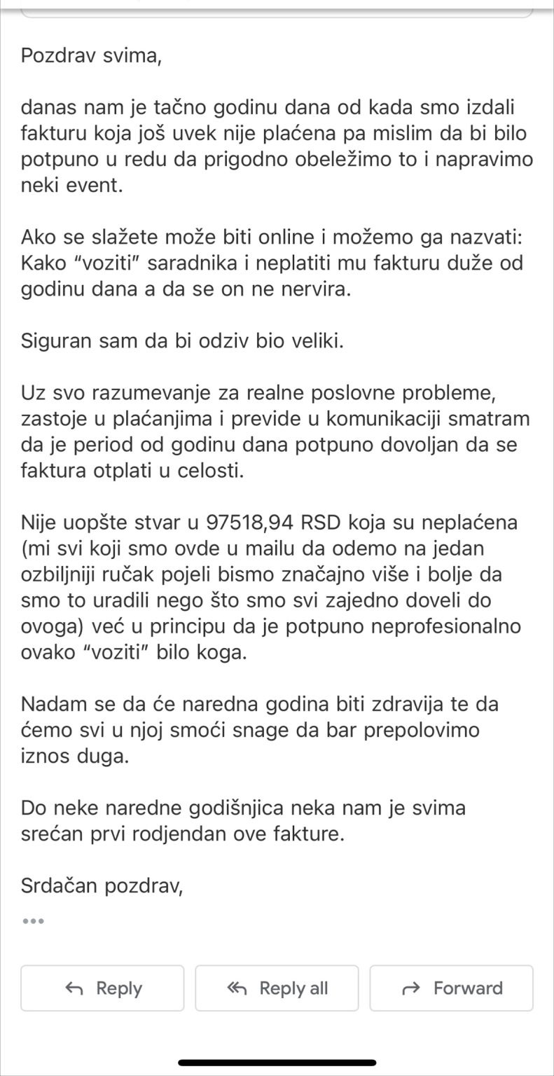 Sarkastičnim mejlom naplatio fakturu koju je klijent ignorisao godinu dana