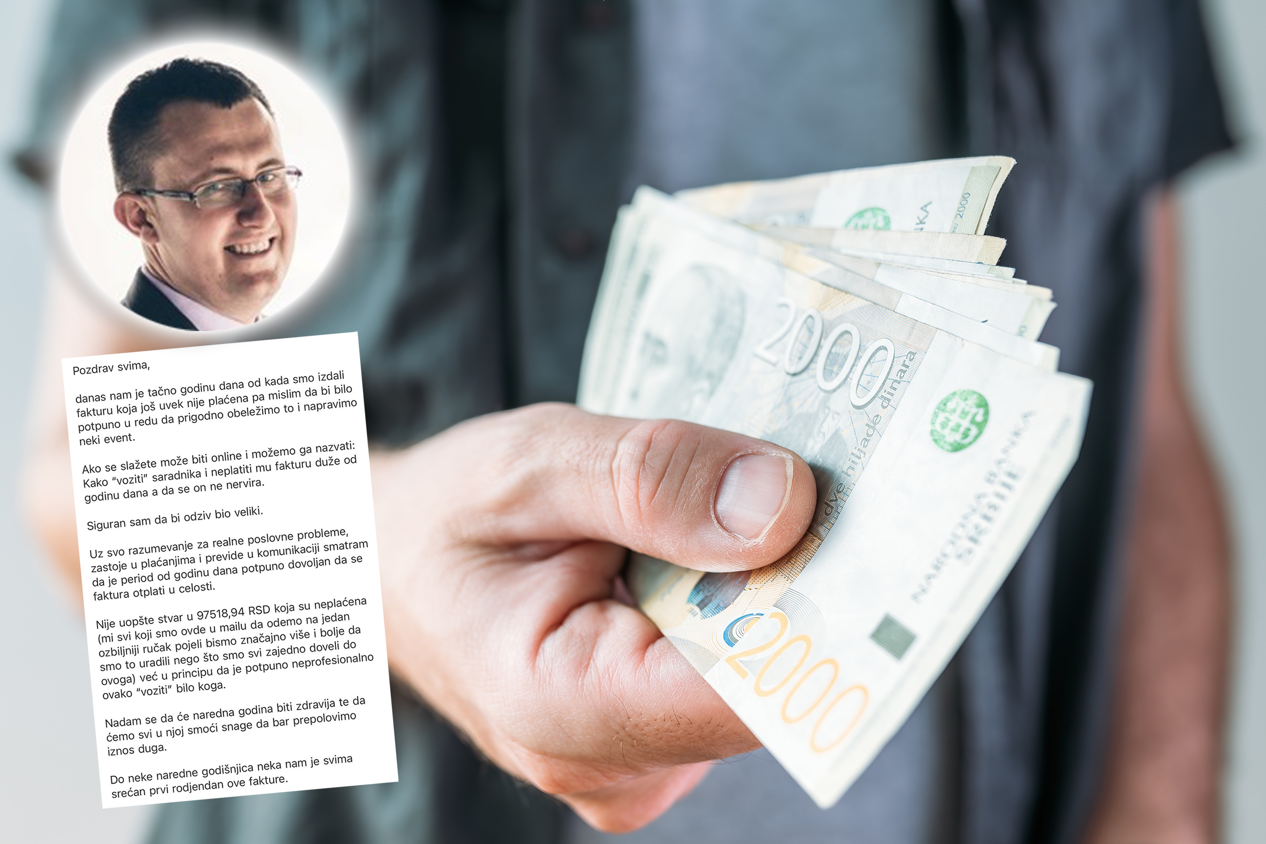 Man holding Serbian currency Dinar paper banknotes, selective focus