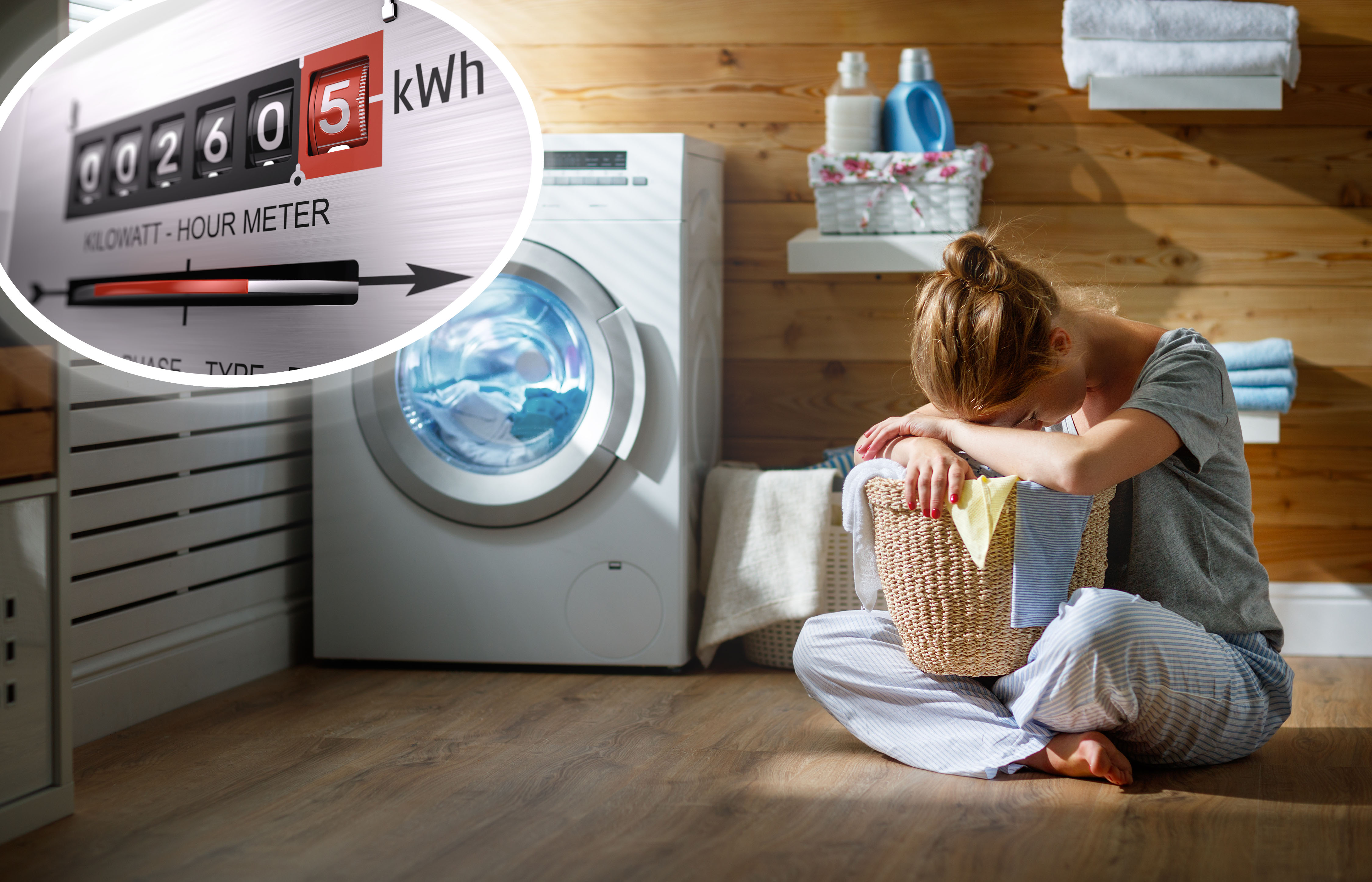 struja tarifa pranje vesa tired  housewife woman in stress sleeps in laundry room with washing machine