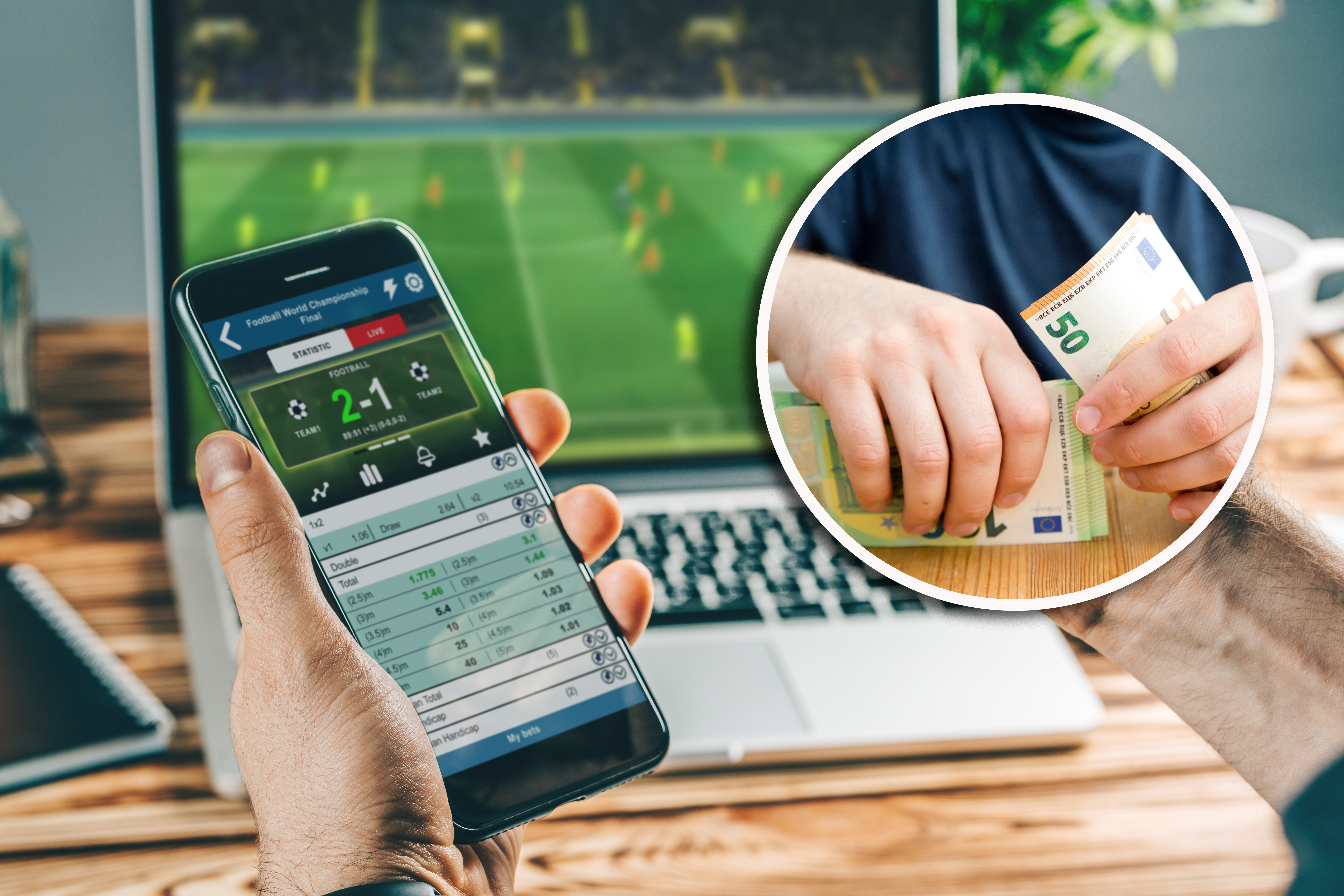 Man watching football play online broadcast on his laptop, cheering for his favourite team, making bets at bookmaker's website. KLADJENJE, KLAŠENJE EVRI, PARE NOVAC