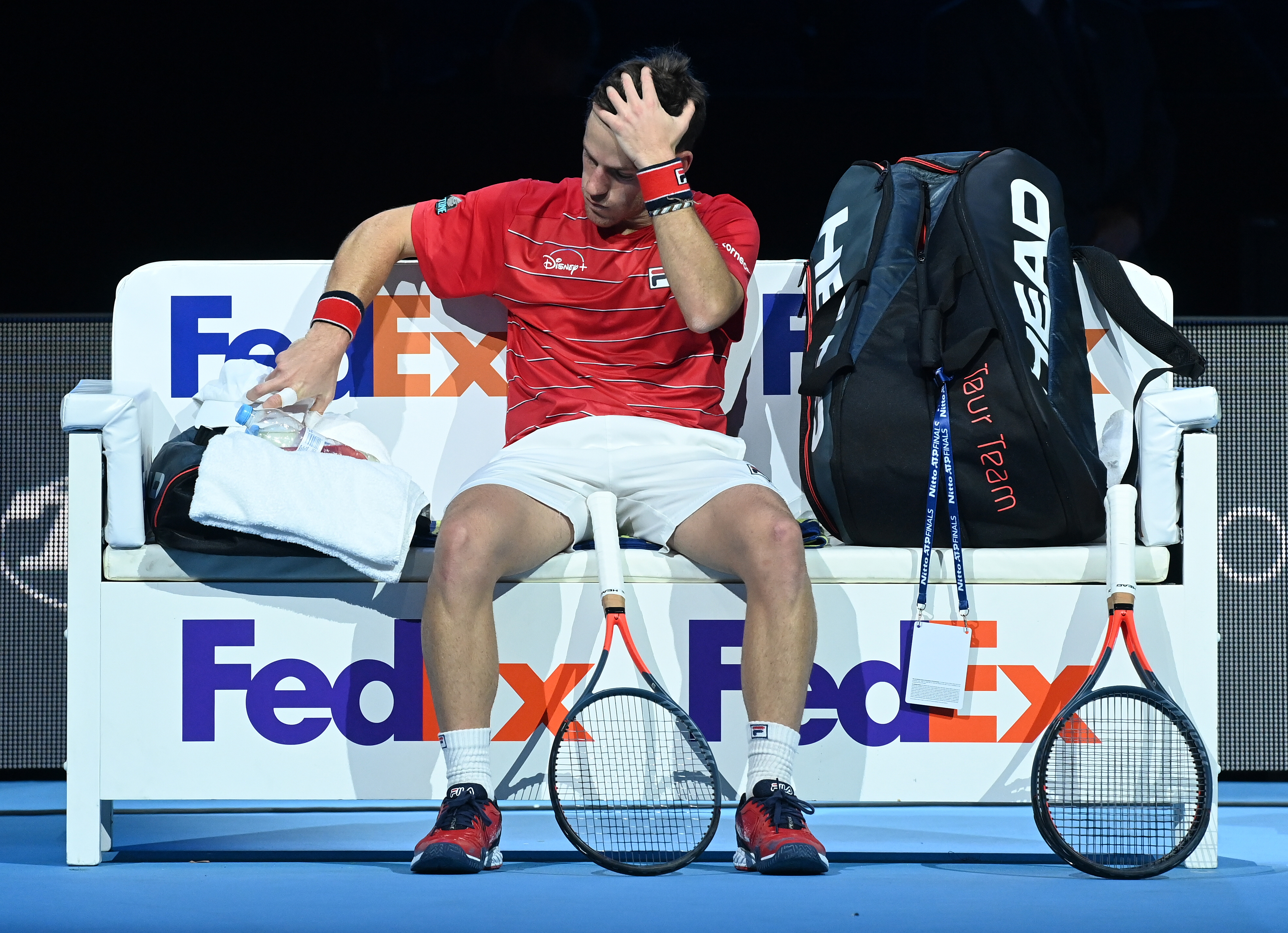 epa08823921 Diego Schwartzman of Argentina during a break between games in his group stage match against Novak Djokovic of Serbia at the ATP Finals in London, Britain, 16 November 2020. Djokovic won in two sets.  EPA-EFE/ANDY RAIN