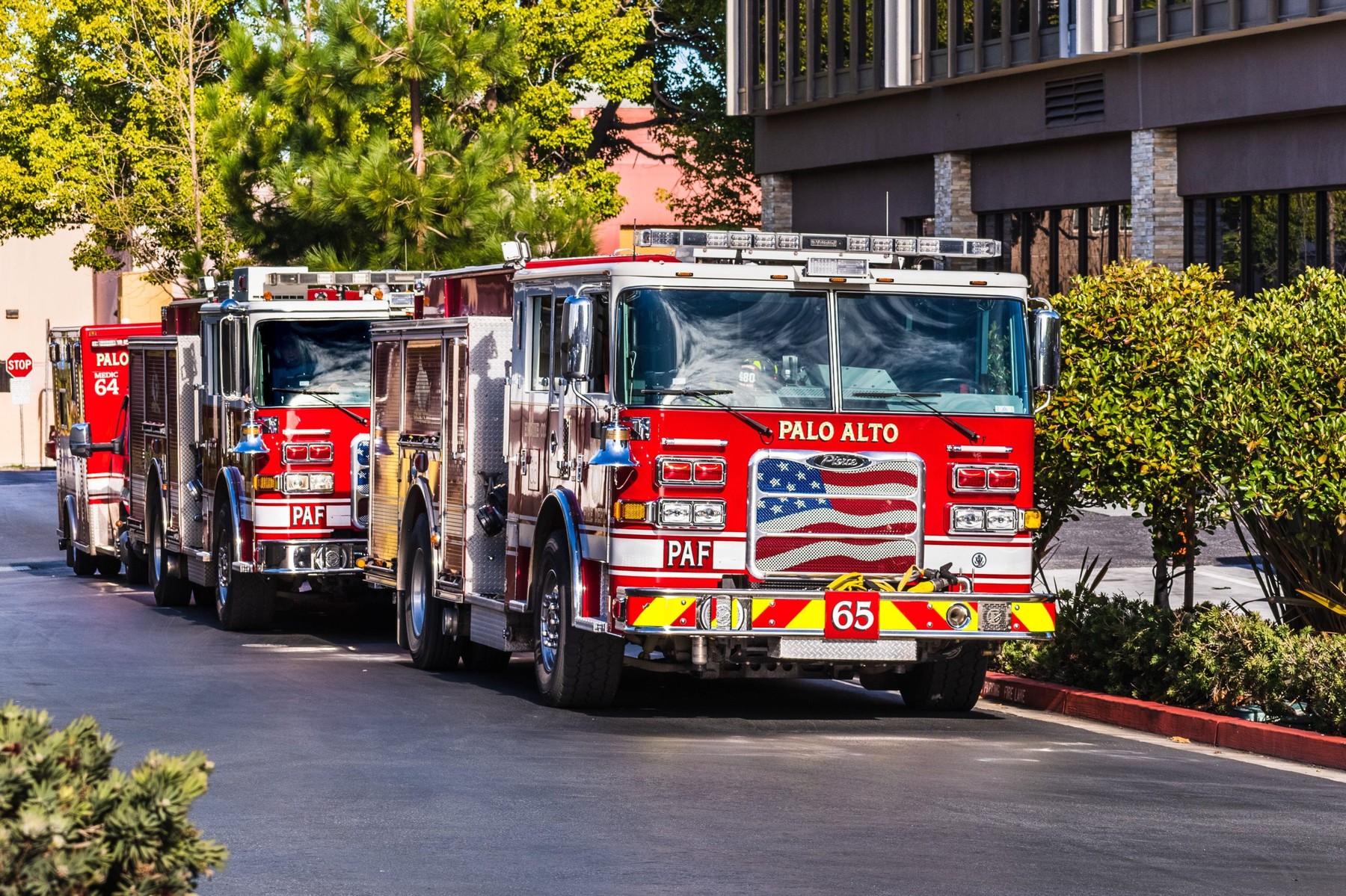 Jan 24, 2020 Mountain View / CA / USA - Palo Alto Fire Department vehicles stationed on a street; San Francisco bay area