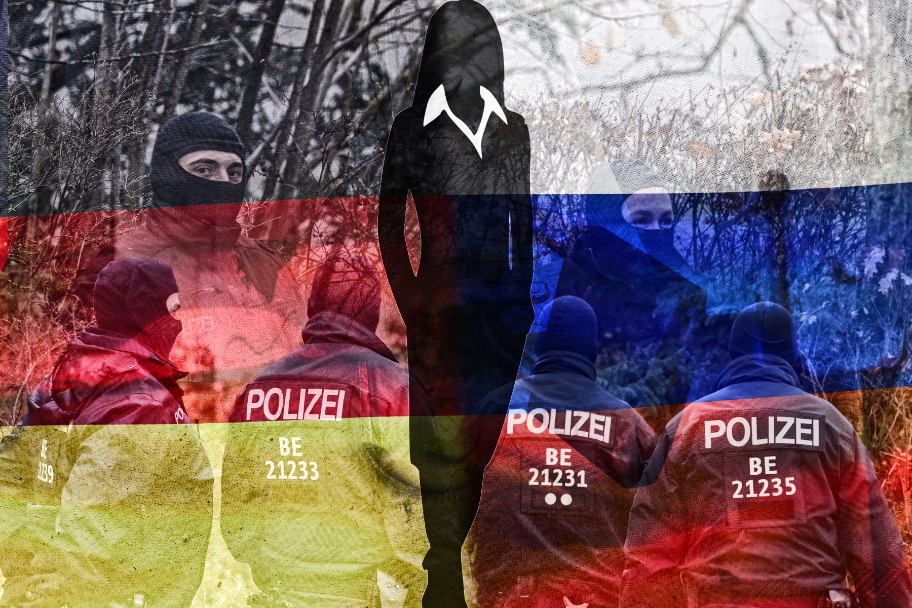 A divided flag of Russia and Germany as a symbol of the current conflict