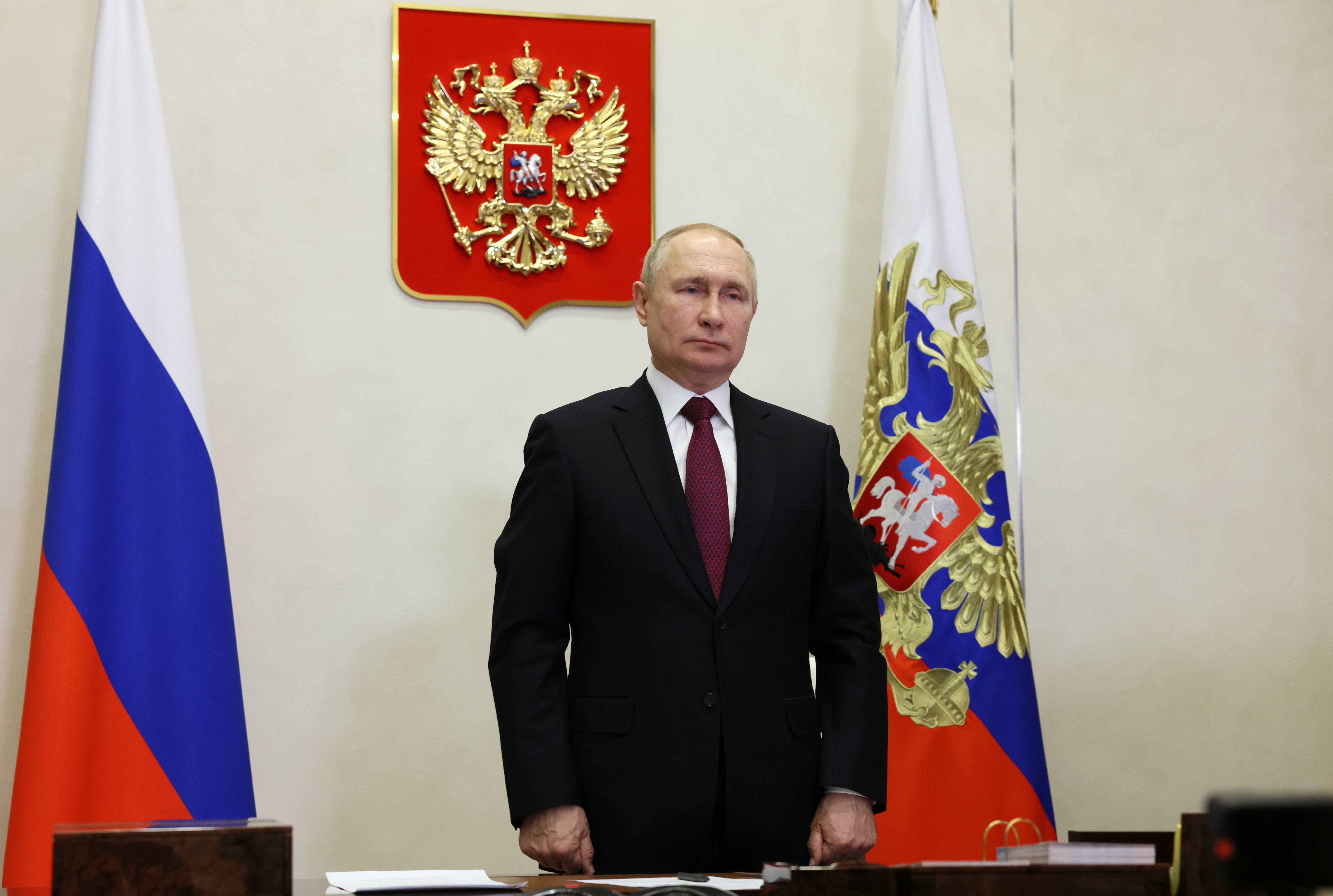 Russian President Putin attends via videoconference the Yakutia icebreaker launch ceremony and the national flag hoisting on the Ural icebreaker