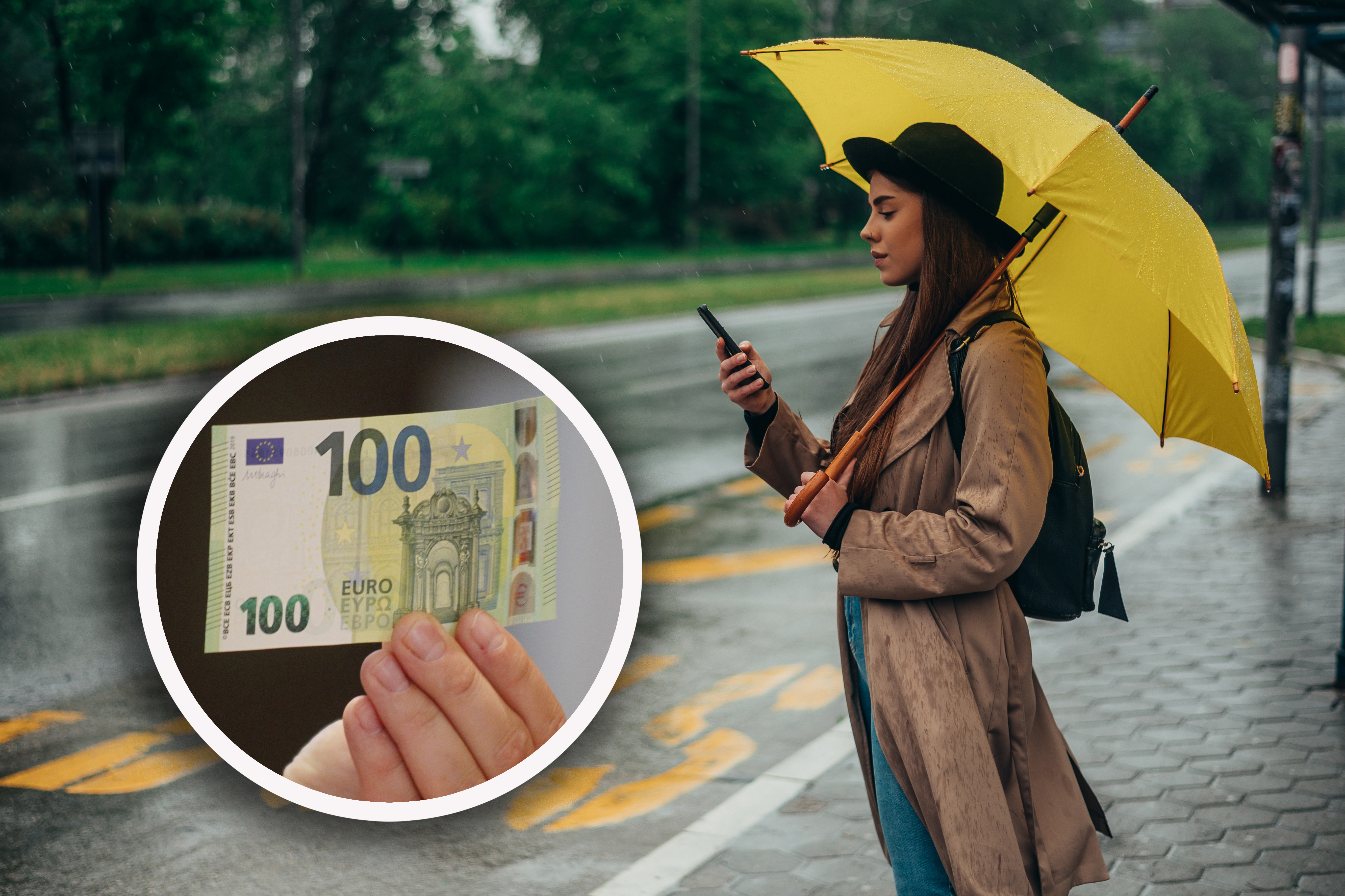 Beautiful young woman holding yellow umbrella and waiting for public transportation while on the bus stop during rain