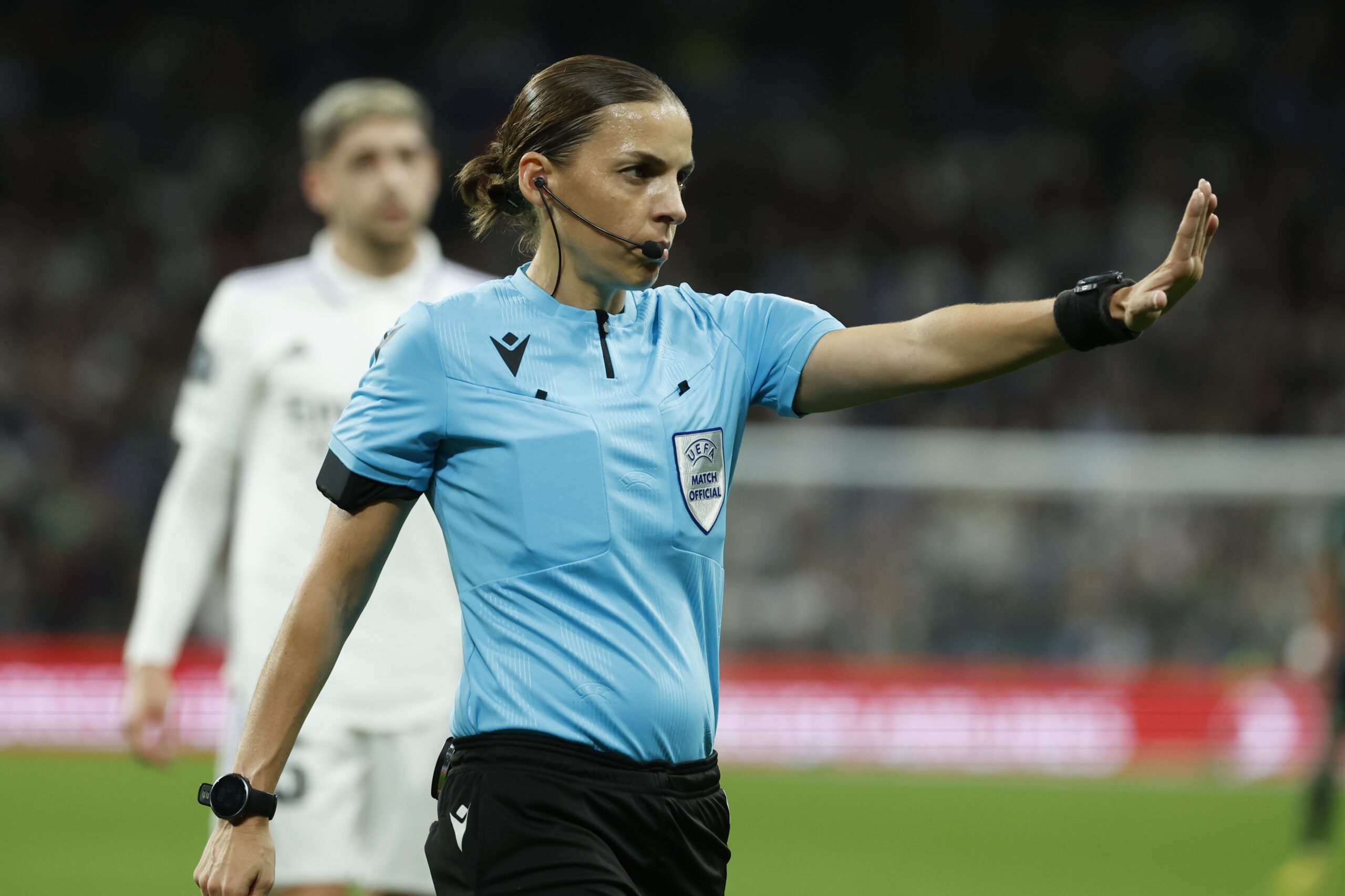 epa10282023 French referee Stephanie Frappart reacts during the UEFA Champions League group F soccer match between Real Madrid and Celtic Glasgow held at Santiago Bernabeu stadium in Madrid, Spain, 02 November 2022.  EPA-EFE/JUANJO MARTIN
