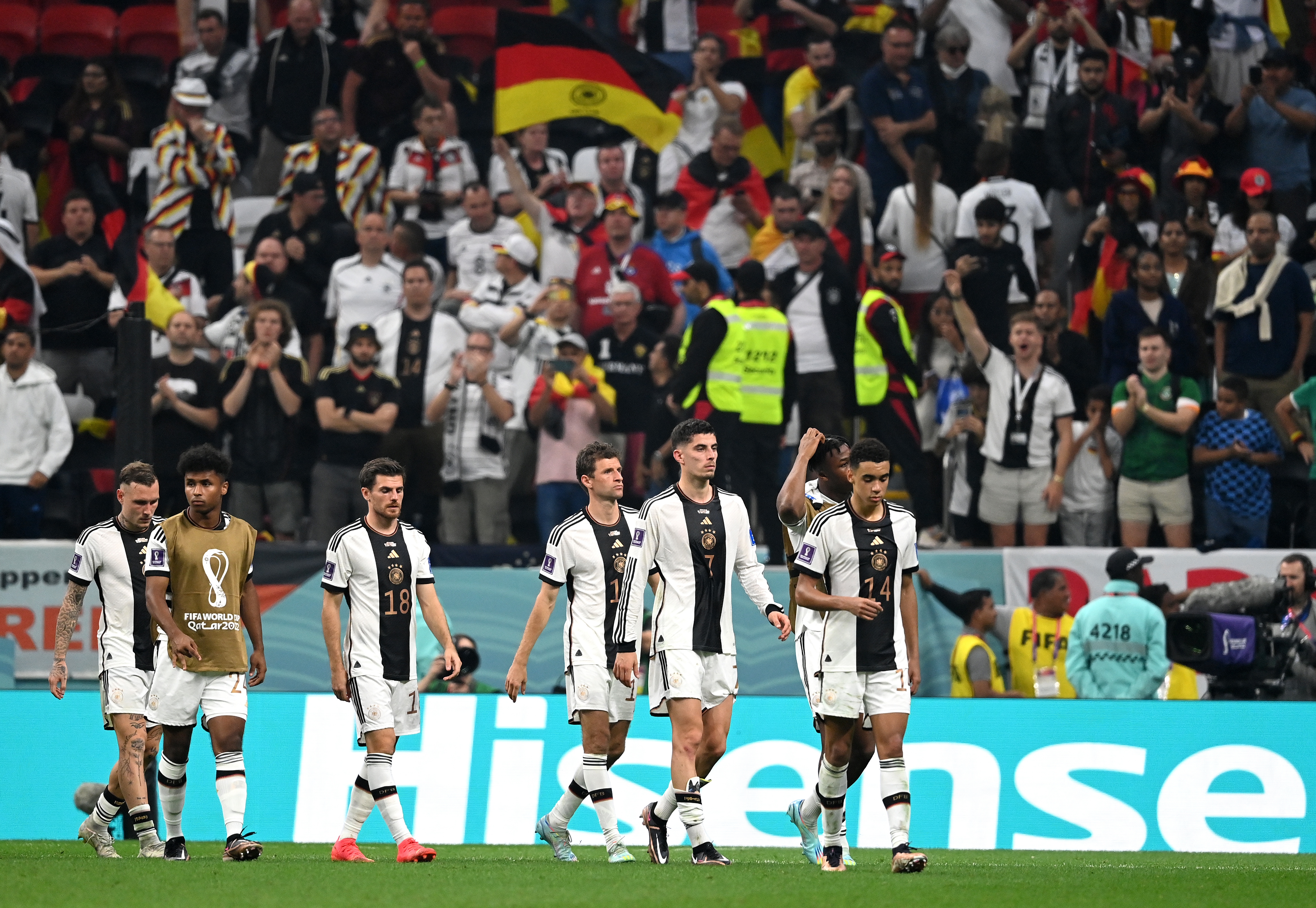 epa10343040 Dejected players of Germany after the FIFA World Cup 2022 group E soccer match between Costa Rica and Germany at Al Bayt Stadium in Al Khor, Qatar, 01 December 2022.  EPA-EFE/Georgi Licovski