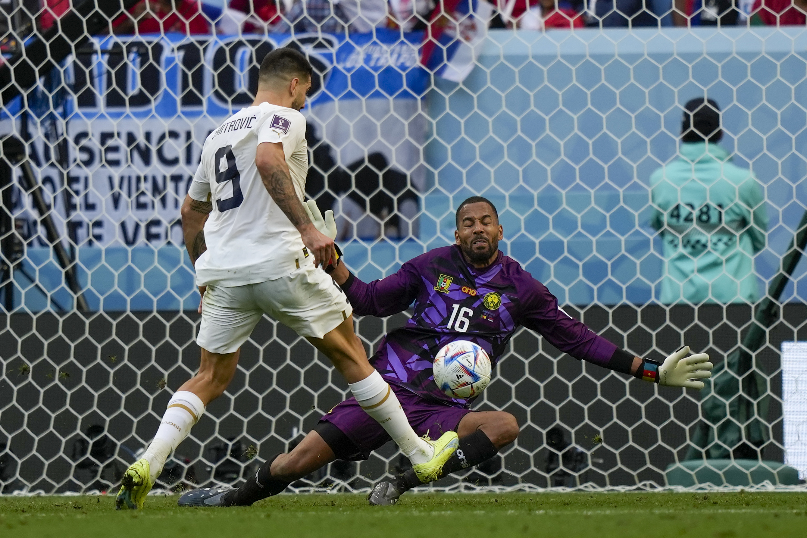 Serbia's Aleksandar Mitrovic fails to score during the World Cup group G soccer match between Cameroon and Serbia, at the Al Janoub Stadium in Al Wakrah, Qatar, Monday, Nov. 28, 2022. (AP Photo/Frank Augstein)