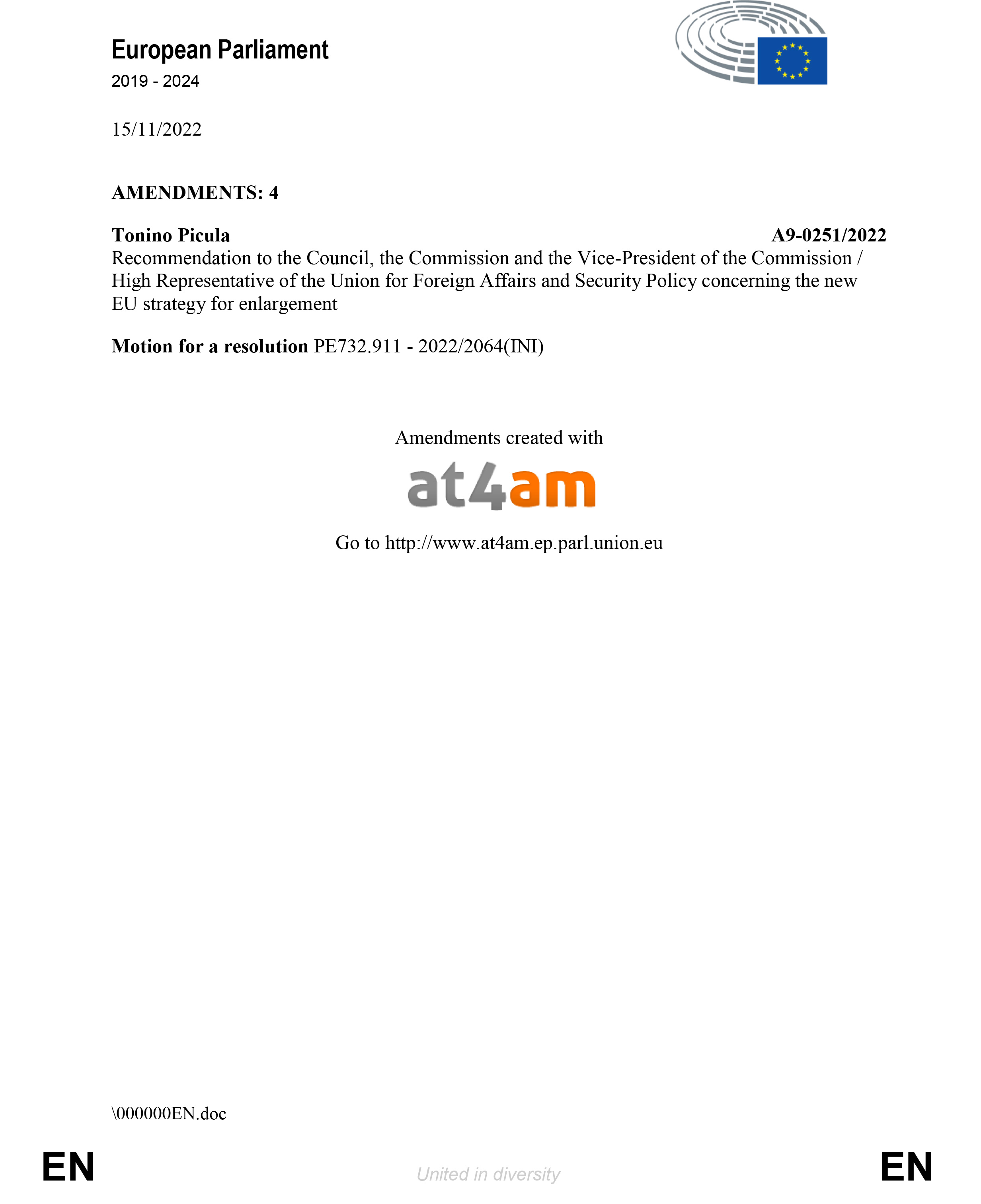 Evropski parlament, Dokument, Amandman