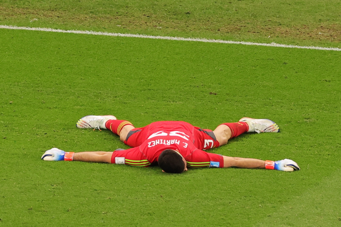 epa10358294 Goalkeeper Emiliano Martinez of Argentina after the FIFA World Cup 2022 quarter final soccer match between the Netherlands and Argentina at Lusail Stadium in Lusail, Qatar, 09 December 2022.  EPA-EFE/Abir Sultan