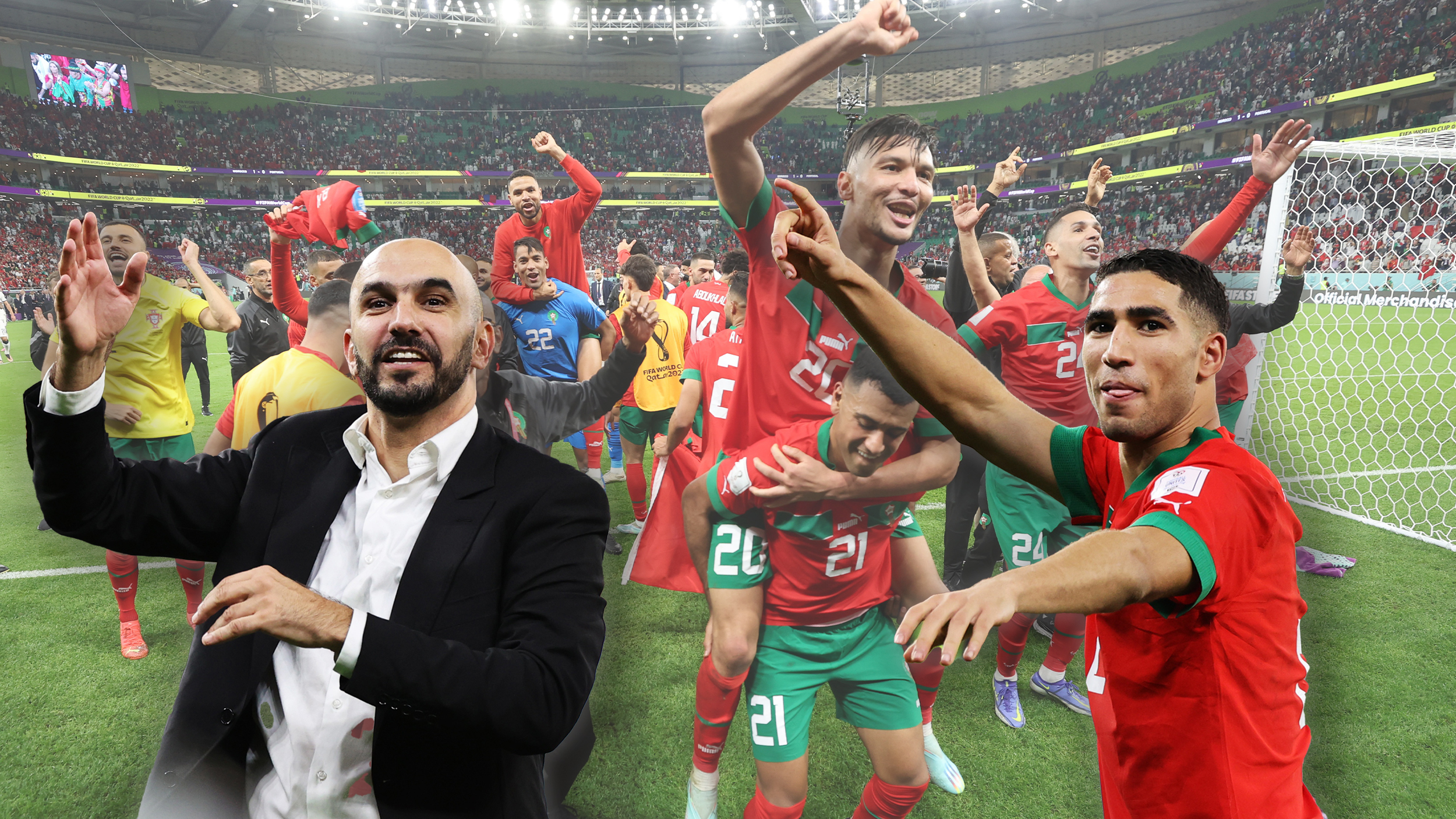 epa10359655 Players of Morocco celebrate after the FIFA World Cup 2022 quarter final soccer match between Morocco and Portugal at Al Thumama Stadium in Doha, Qatar, 10 December 2022.  EPA-EFE/Ali Haider