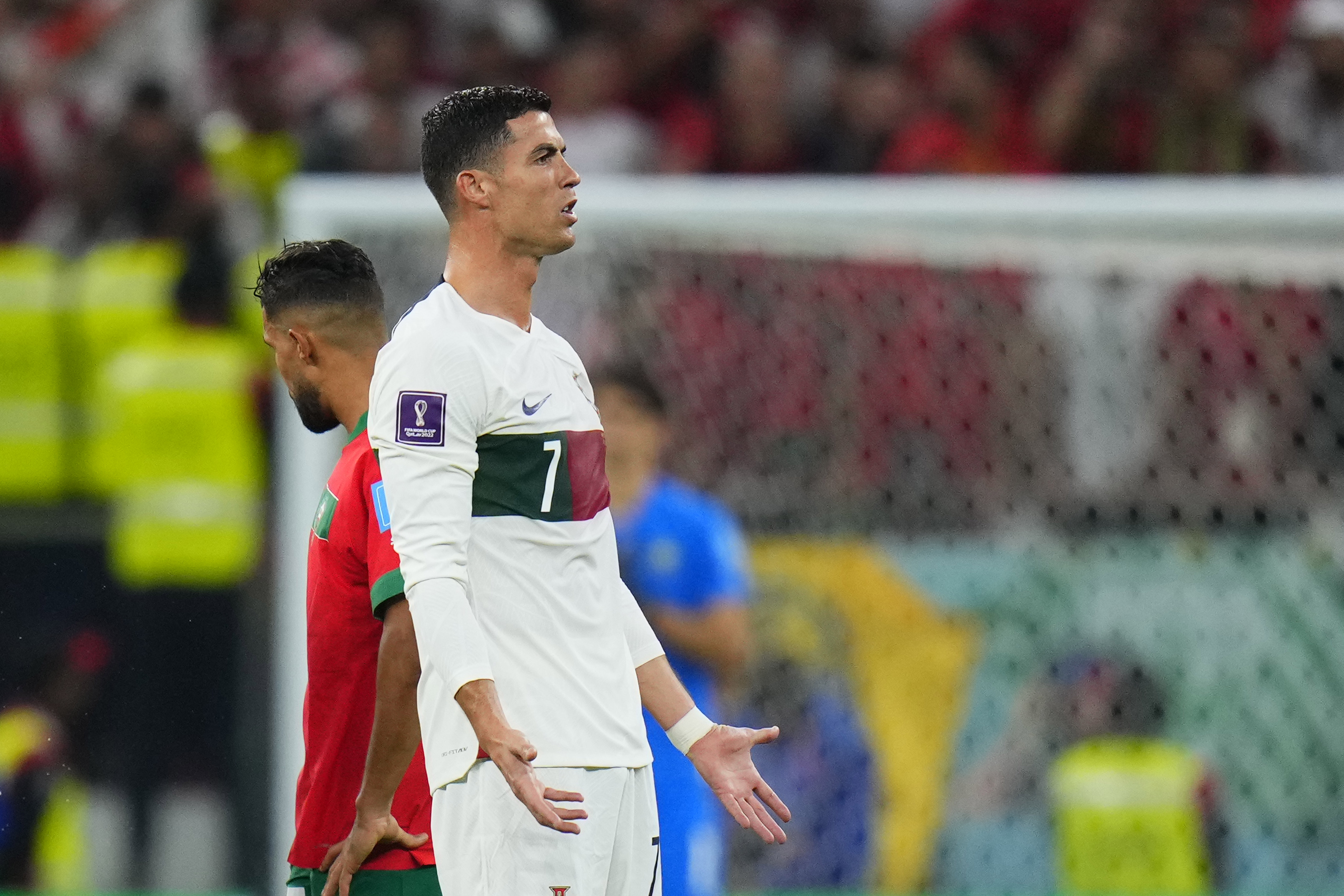 Portugal's Cristiano Ronaldo gestures during the World Cup quarterfinal soccer match between Morocco and Portugal, at Al Thumama Stadium in Doha, Qatar, Saturday, Dec. 10, 2022. (AP Photo/Petr David Josek)