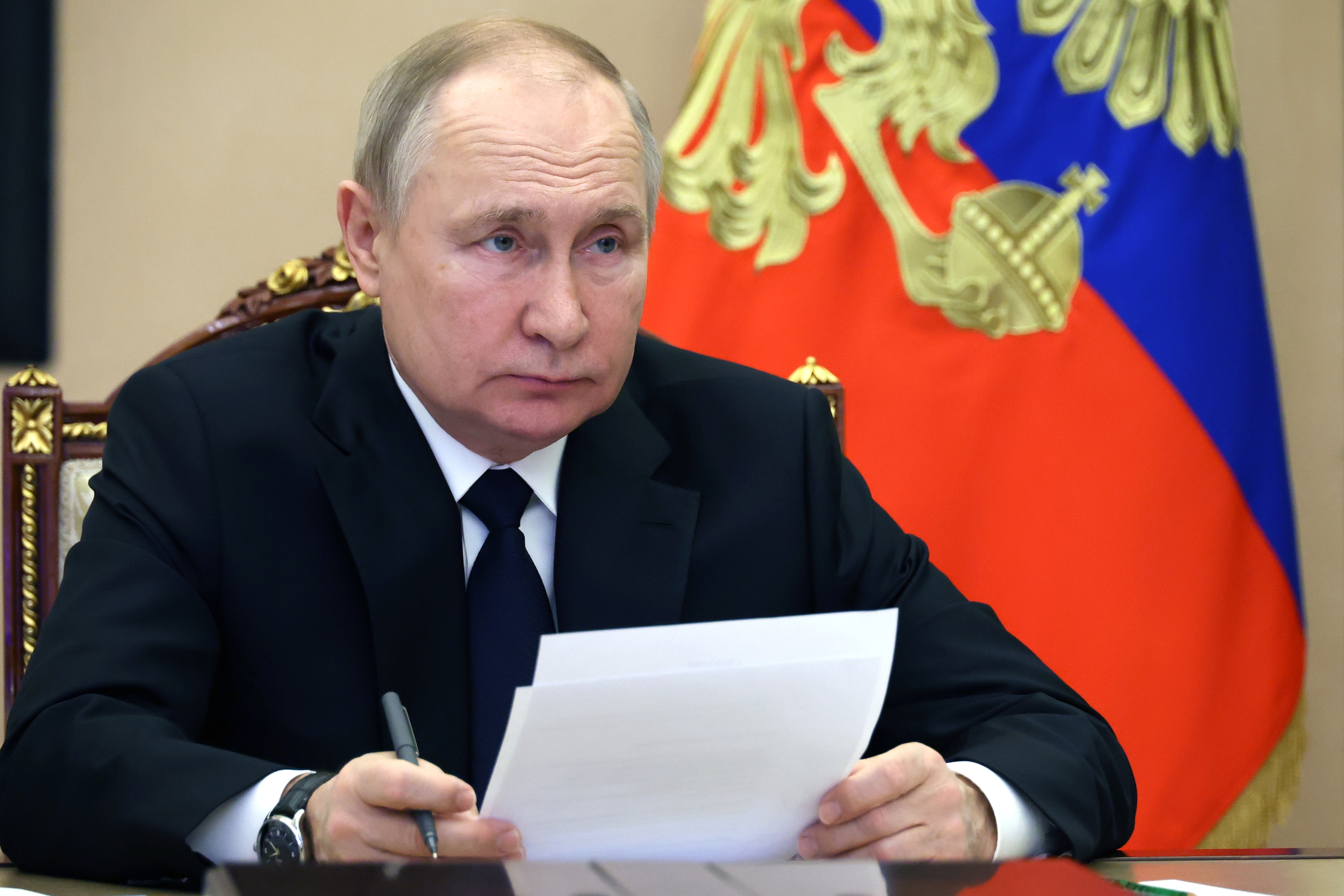 Russian President Vladimir Putin takes part in the launch ceremony of The Kovykta gas condensate field via videoconference in Moscow, Russia, Wednesday, Dec. 21, 2022. (Mikhail Kuravlev/Pool Photo via AP)
