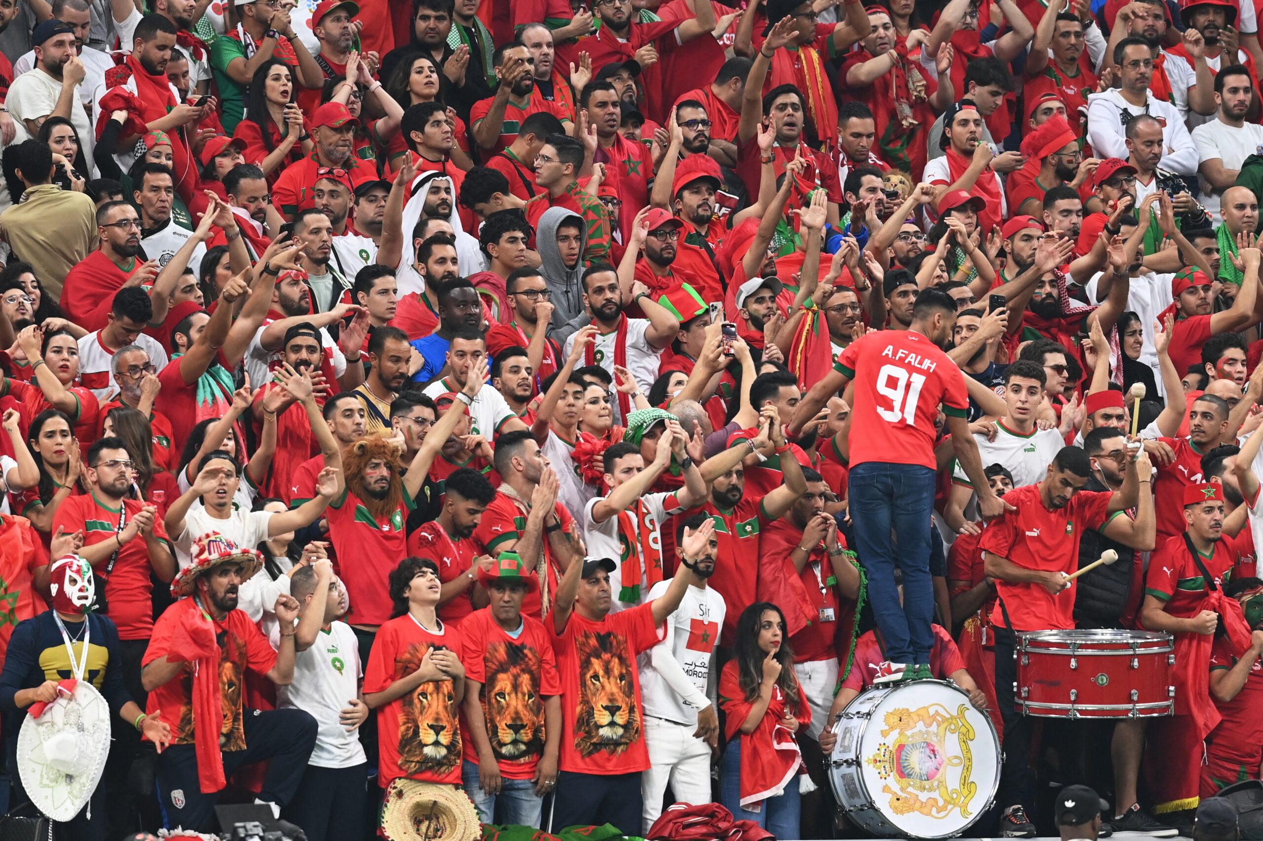 epa10366117 Supporters of Morocco during the FIFA World Cup 2022 semi final between France and Morocco at Al Bayt Stadium in Al Khor, Qatar, 14 December 2022.  EPA-EFE/Georgi Licovski