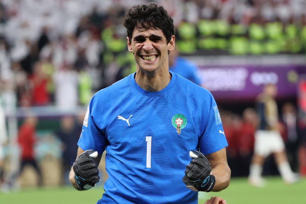 epa10359644 Goalkeeper Yassine Bounou of Morocco reacts after the FIFA World Cup 2022 quarter final soccer match between Morocco and Portugal at Al Thumama Stadium in Doha, Qatar, 10 December 2022.  EPA-EFE/Ali Haider