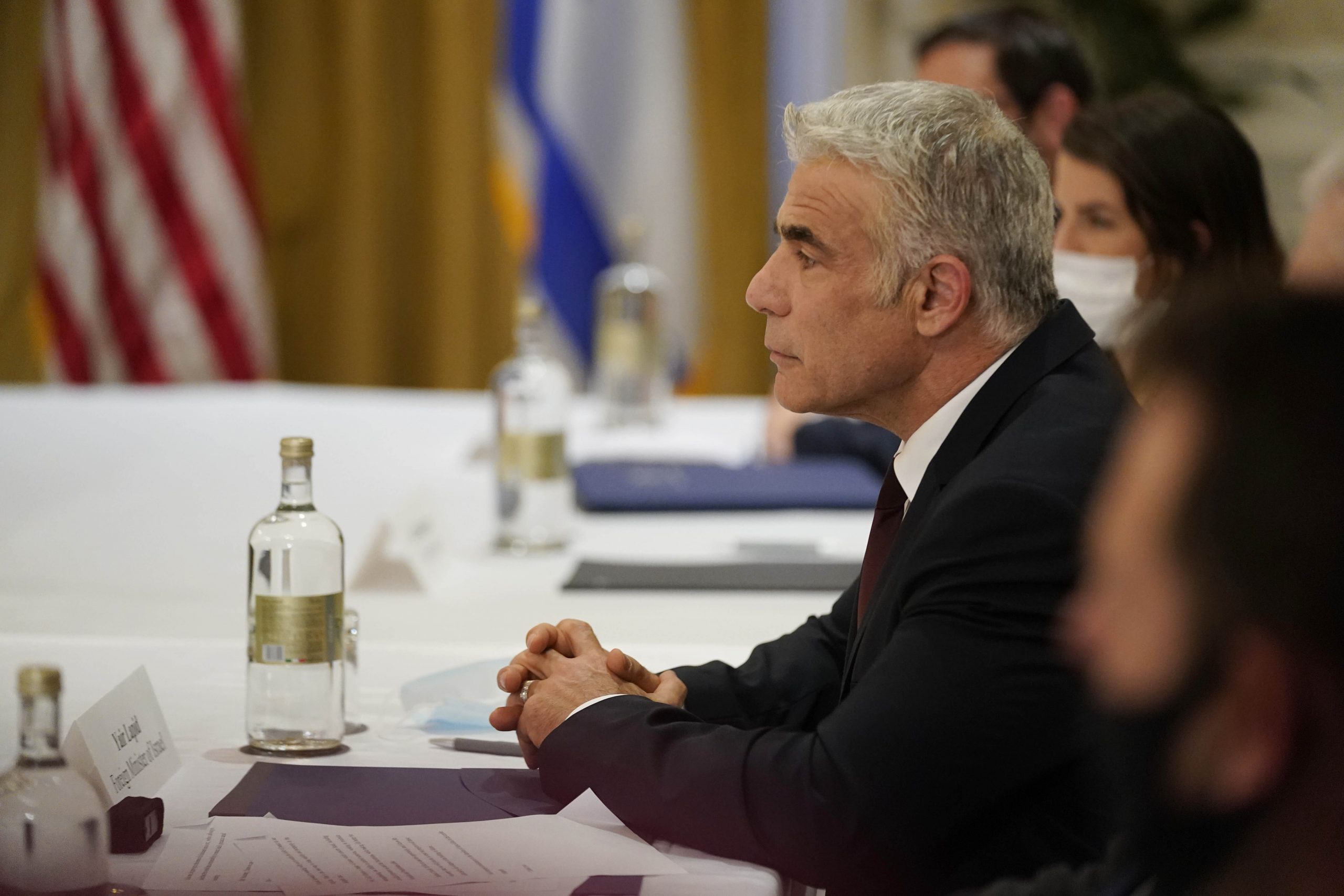 Israeli Foreign Minister Yair Lapid meets with Secretary of State Antony Blinken in Rome, Sunday, June 27, 2021. Blinken is on a week long trip in Europe traveling to Germany, France and Italy. (AP Photo/Andrew Harnik, Pool)