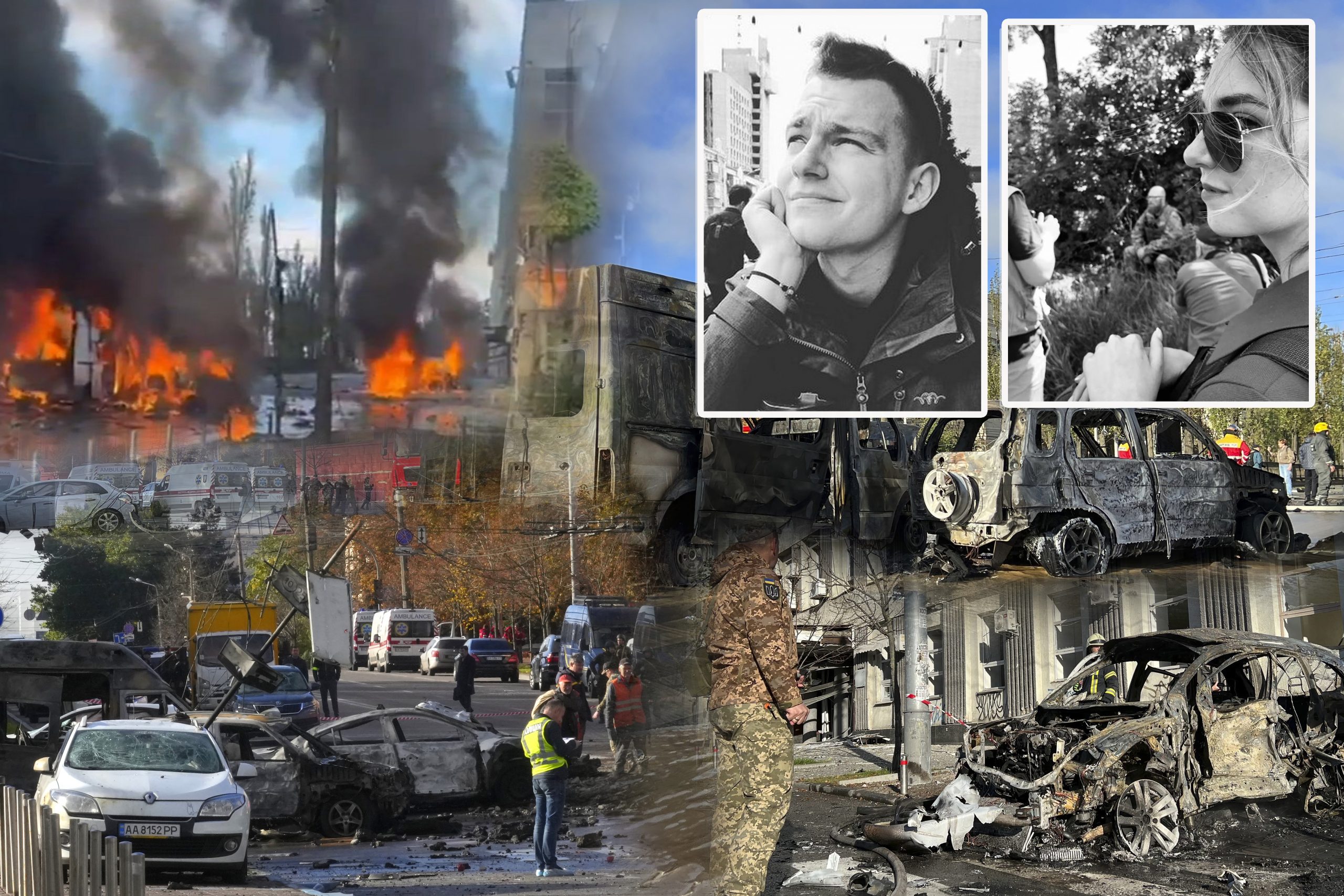 Cars sit damaged as underground pipes leak at the scene of a Russian attack on Kyiv, Ukraine on Monday, Oct. 10, 2022. Two explosions rocked Kyiv early Monday following months of relative calm in the Ukrainian capital. (AP Photo/Adam Schreck)