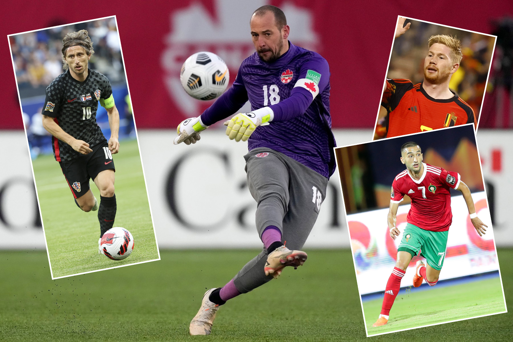 Milan Borjan, Luka Modrić, Kevin de Bruyne, Kevin de Brujne, Hakim Ziyech, kombo Foto: Canadian Press / Shutterstock Editorial / Jean Catuffe/Dppi / Zuma Press / Profimedia/EPA-EFE/STEPHANIE LECOCQ/KHALED ELFIQI