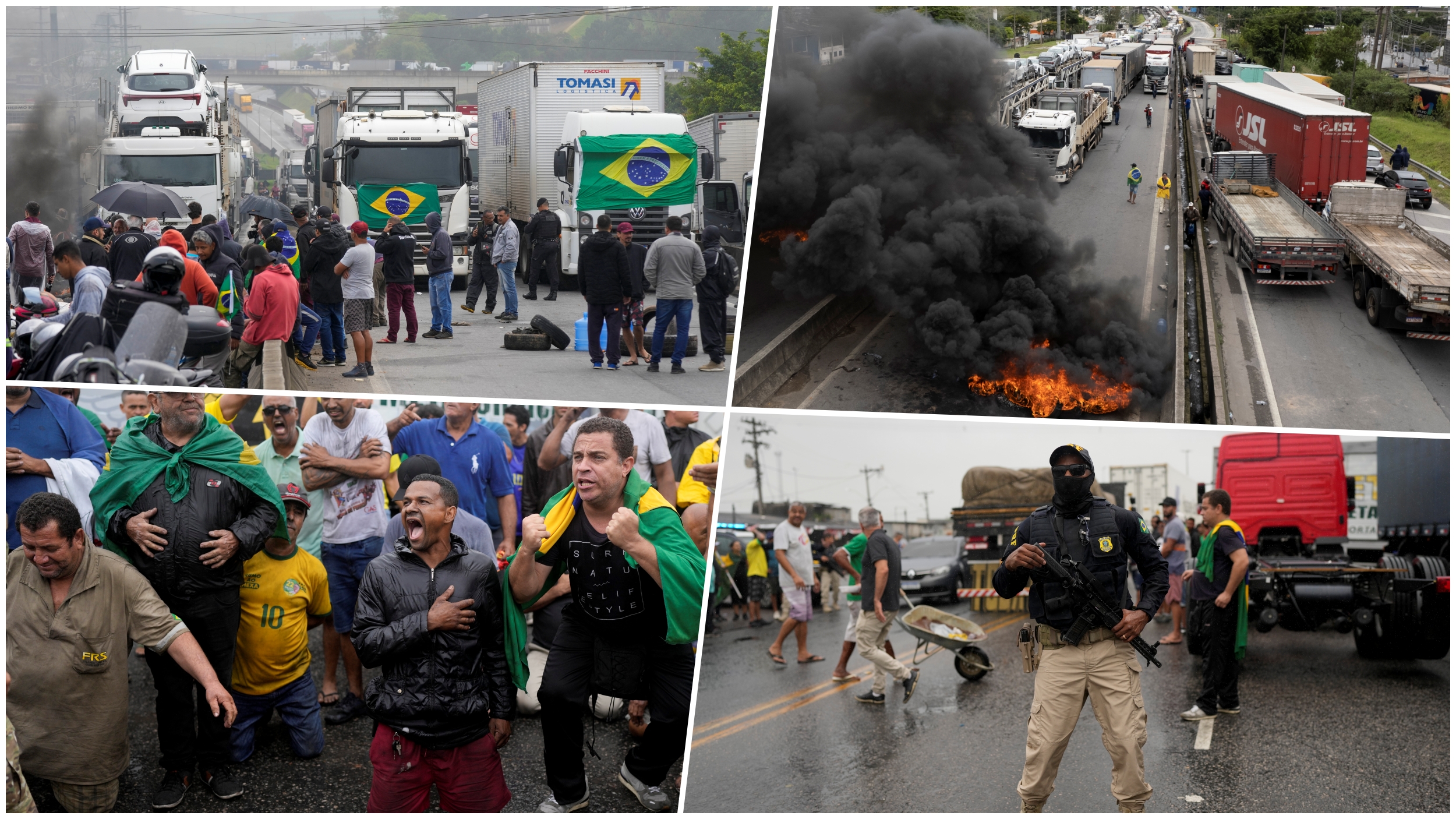 Truckers supportive of President Jair Bolsonaro block a highway to protest his run-off election loss to former President Luiz Inacio Lula da Silva in Embu das Artes, outskirts of Sao Paulo, Brazil, Tuesday, Nov. 1, 2022. (AP Photo/Andre Penner)