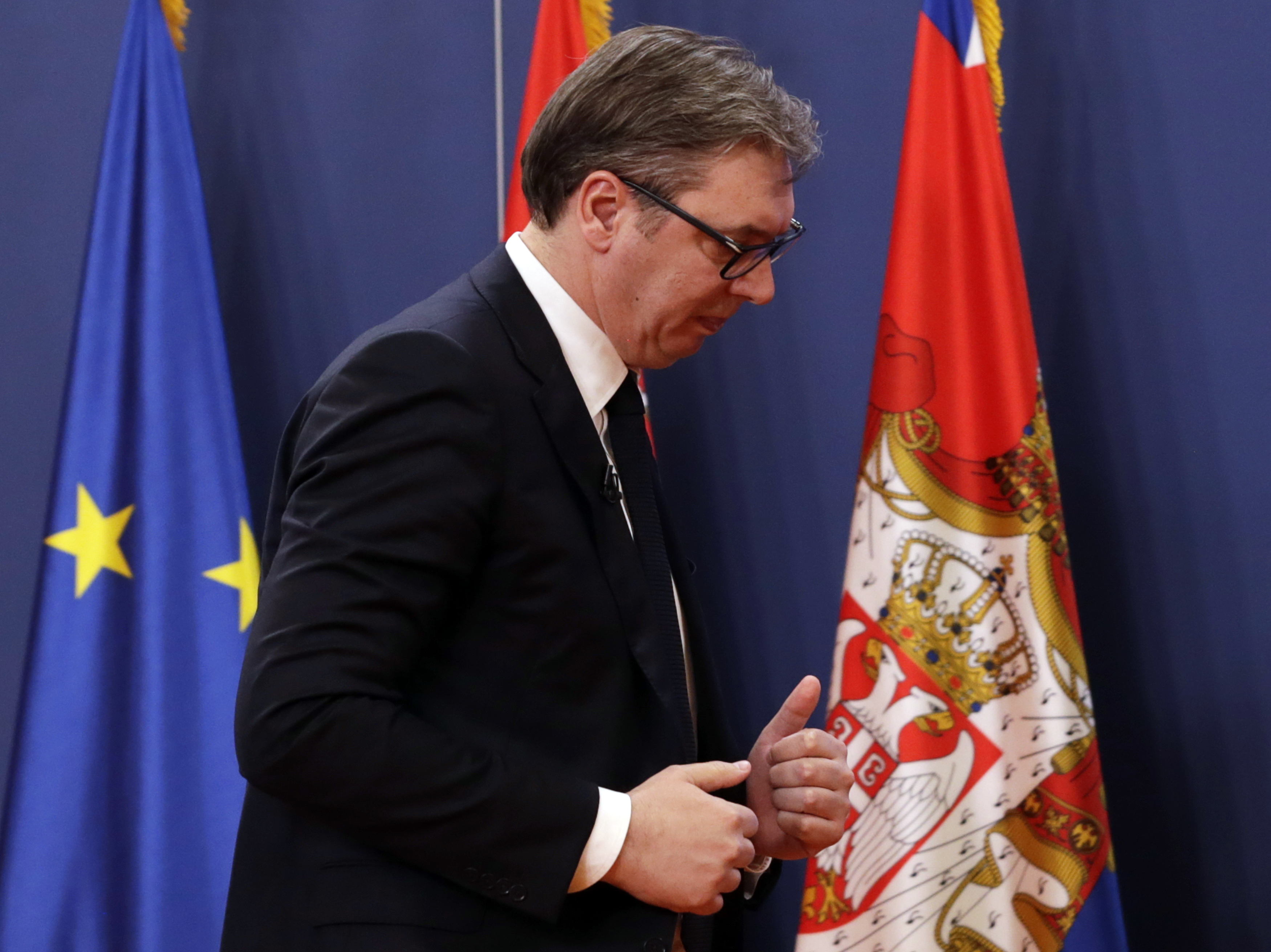 Serbian President Aleksandar Vucic holds a press conference