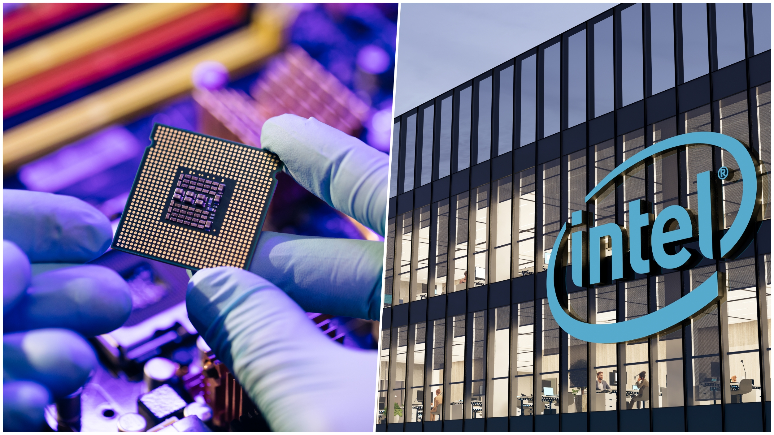 Santa Clara, CA, USA. May 2, 2022. Editorial Use Only, 3D CGI. Intel Corporation Signage Logo on Top of Glass Building. Workplace Technology Semiconductor Company Office Headquarters.