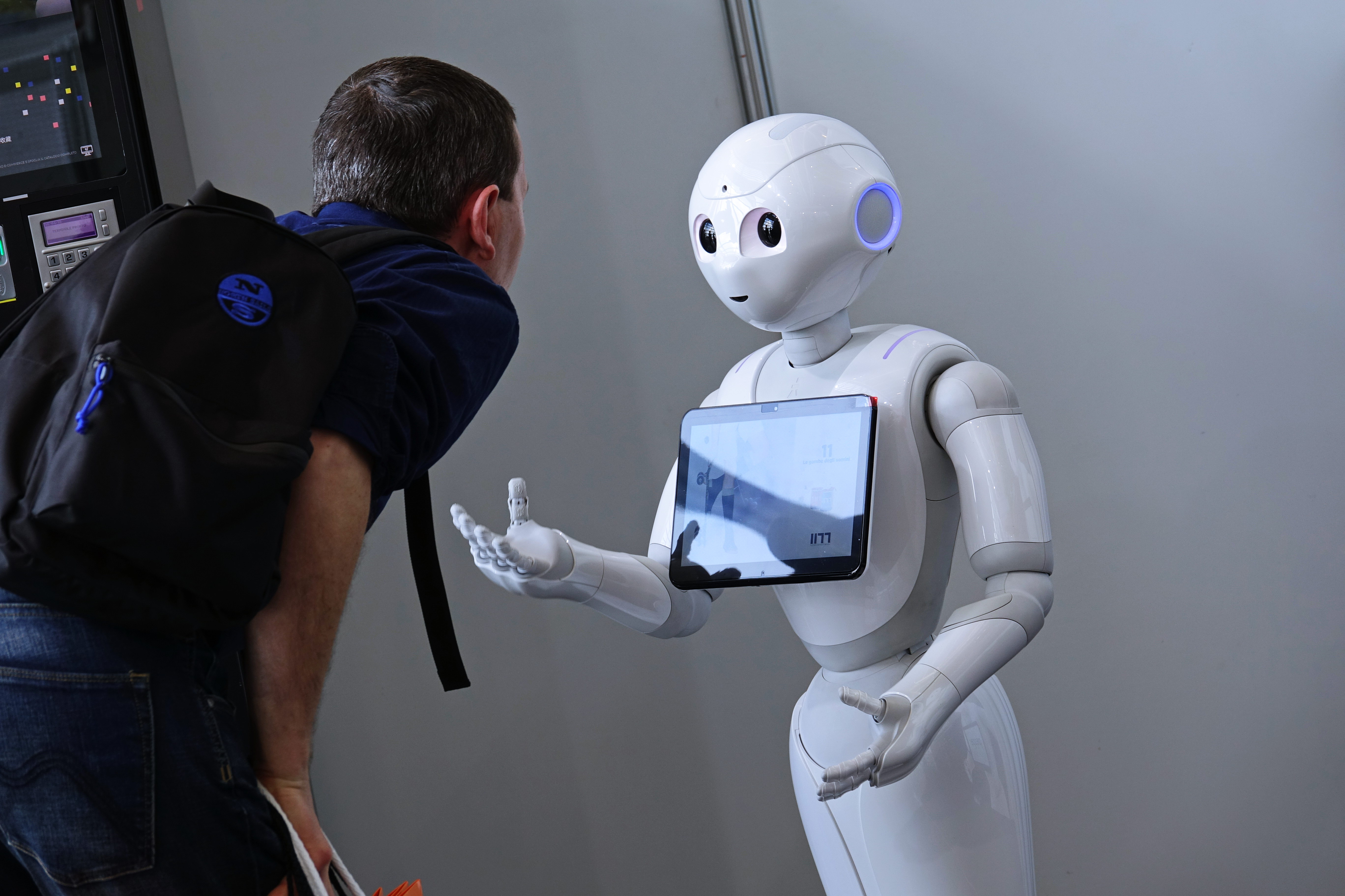 Turin, Italy - April 2018: "Pepper" robot assistant with information screen in duty to give information