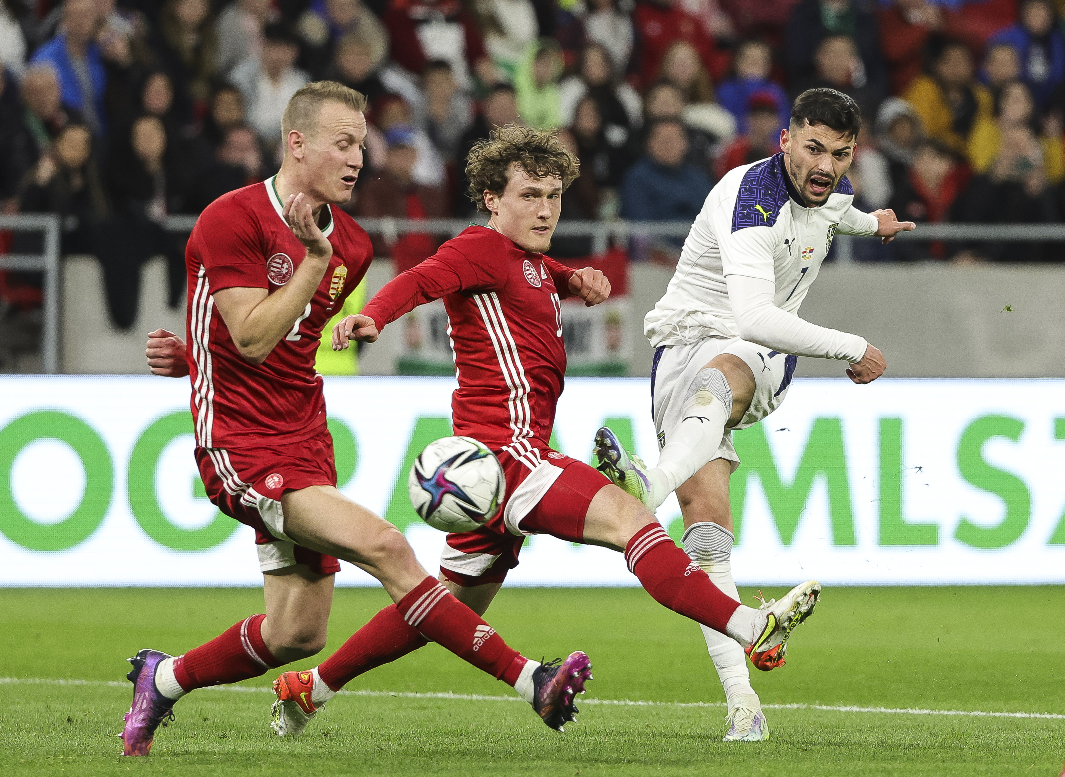 Nemanja Radonjic (R) Adam Lang (L)
International Football Friendly Match-Hungary v Serbia
Budapest, 24.03.2022.
foto: Srdjan Stevanovic/Starsport.rs ©