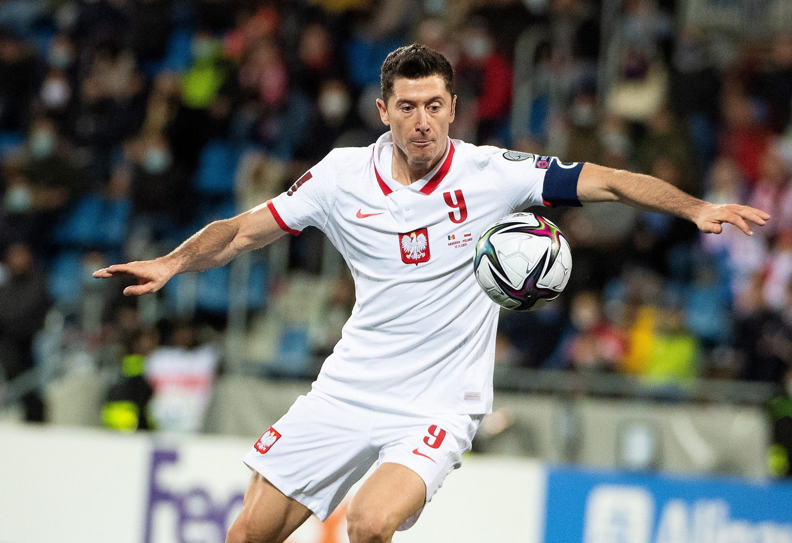 epa09579483 Poland's Robert Lewandowski in action during the FIFA World Cup Qatar 2022 qualifying group I soccer match between Andora and Poland in Andorra la Vella, Andora, 12 November 2021.  EPA-EFE/Andrzej Lange POLAND OUT