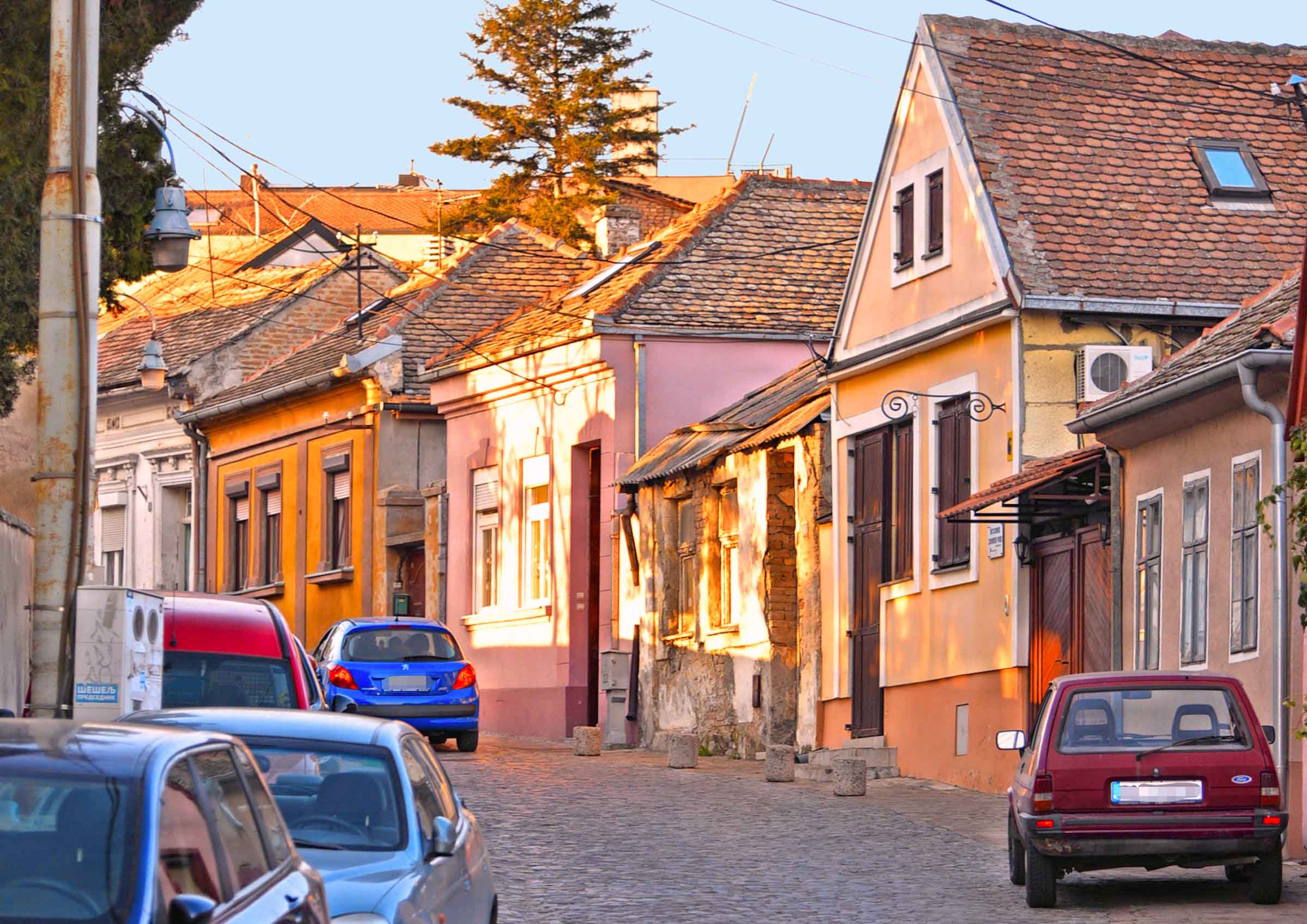 02.01.2018. Old street with facade houses and cars with stone path near Gardos in Zemun Belgrade, Serbia