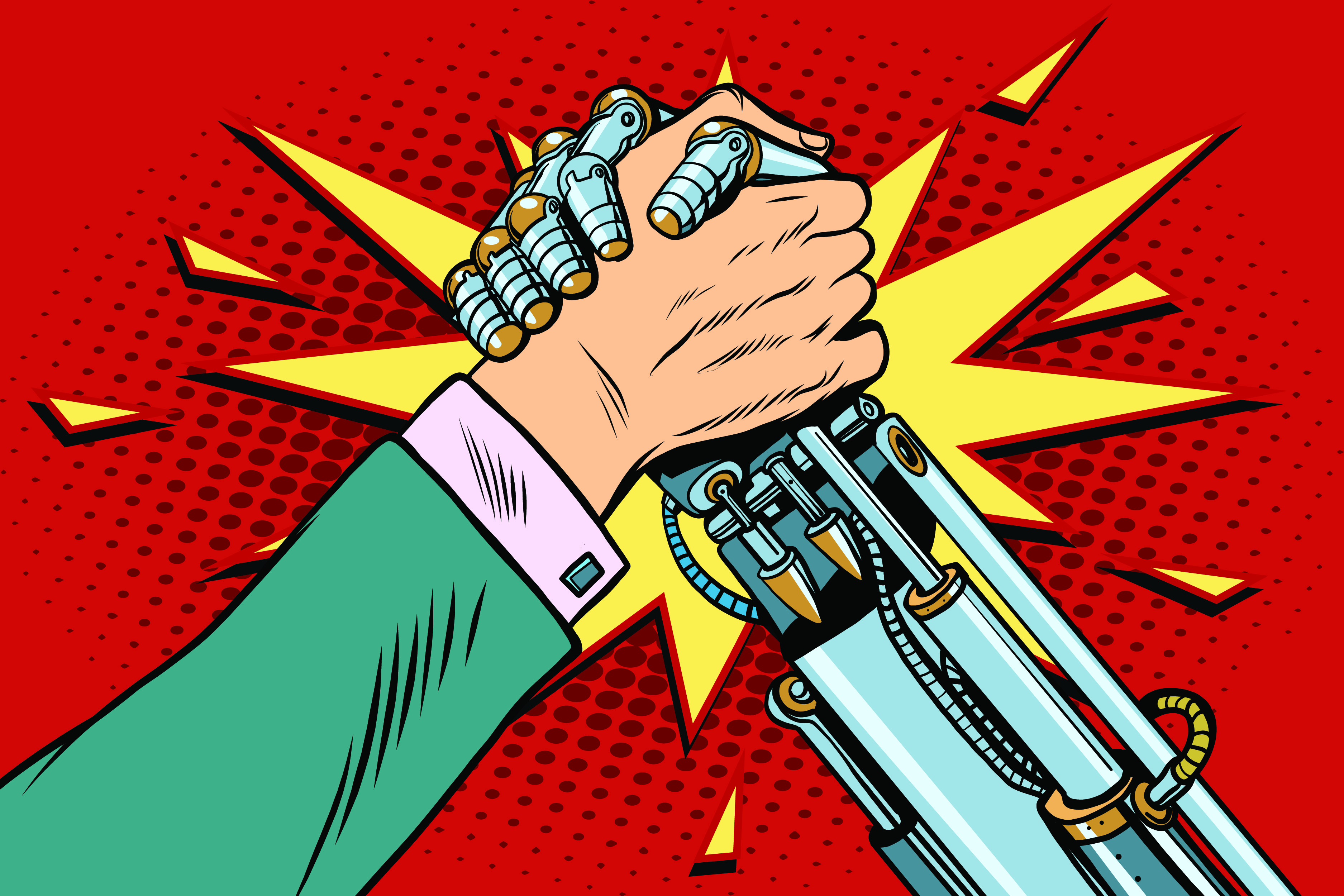 Man vs robot Arm wrestling fight confrontation, pop art retro vector illustration. New technology progress