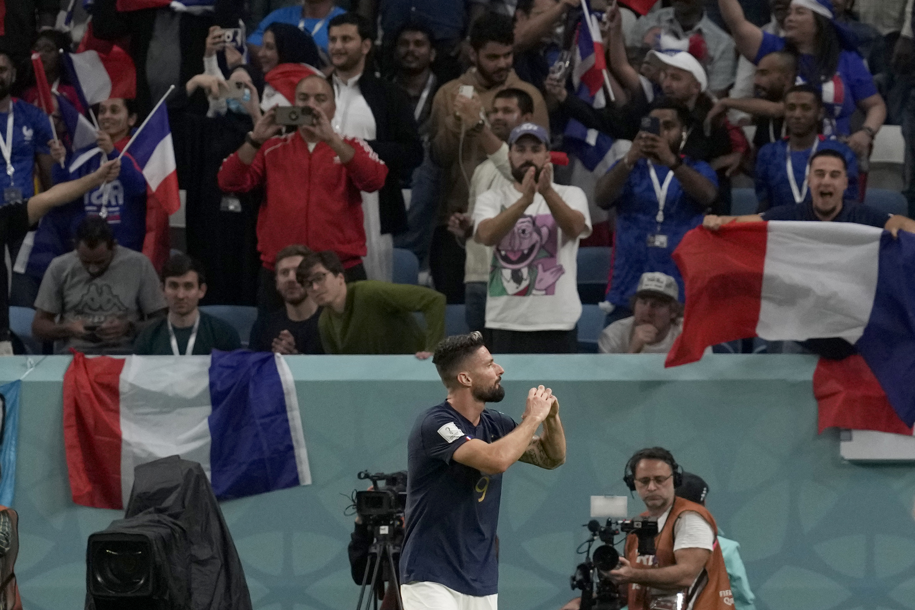 France's Olivier Giroud celebrates after scoring his side's second goal during the World Cup group D soccer match between France and Australia, at the Al Janoub Stadium in Al Wakrah, Qatar, Tuesday, Nov. 22, 2022. (AP Photo/Thanassis Stavrakis)