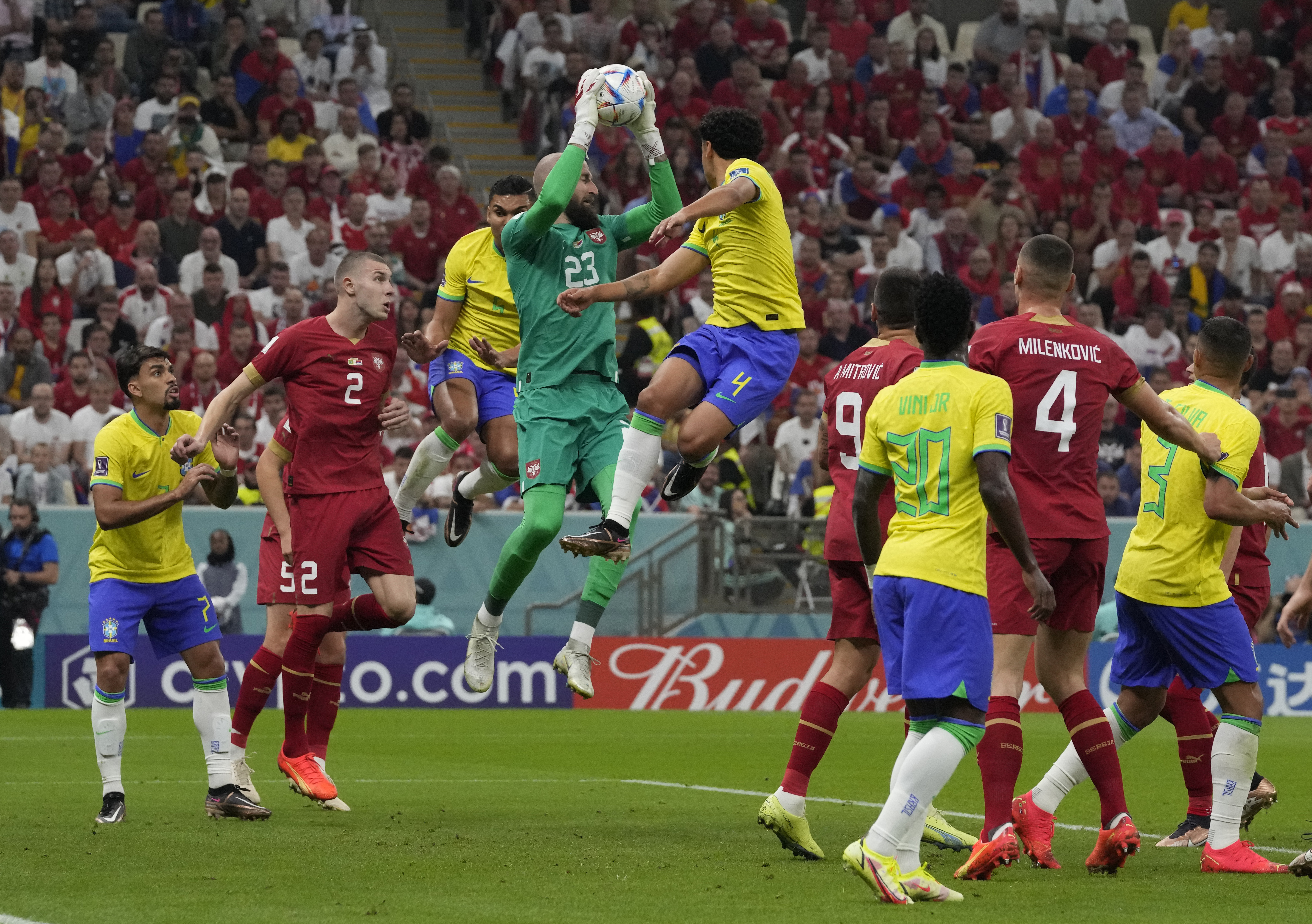 Serbia's goalkeeper Vanja Milinkovic-Savic saves a ball during the World Cup group G soccer match between Brazil and Serbia, at the Lusail Stadium in Lusail, Qatar, Thursday, Nov. 24, 2022. (AP Photo/Themba Hadebe)