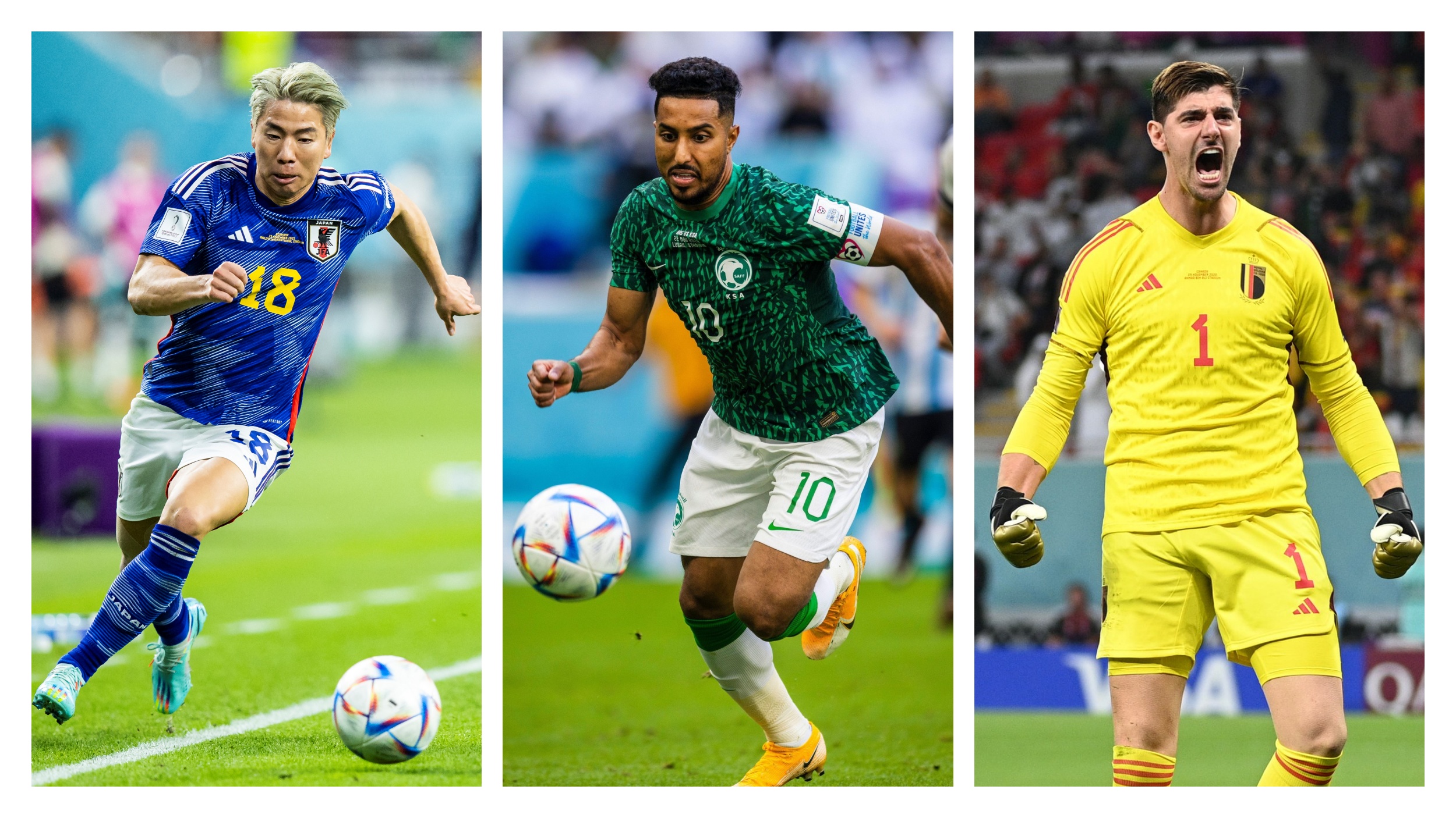 u dresovima reprezentacije: Takuma Asano (Japan), Salem Al Dawsari (Saudijska Arabija) i Thibaut Courois (Belgija) KOMBO 1