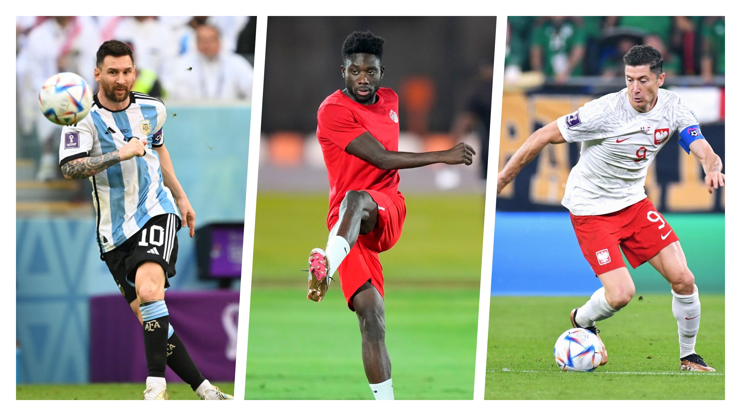 fudbaleri u dresovima reprezentacije: Lionel Messi (Argentina), Alphonso Davies (Kanada), Robert Lewandowski (Poljska)