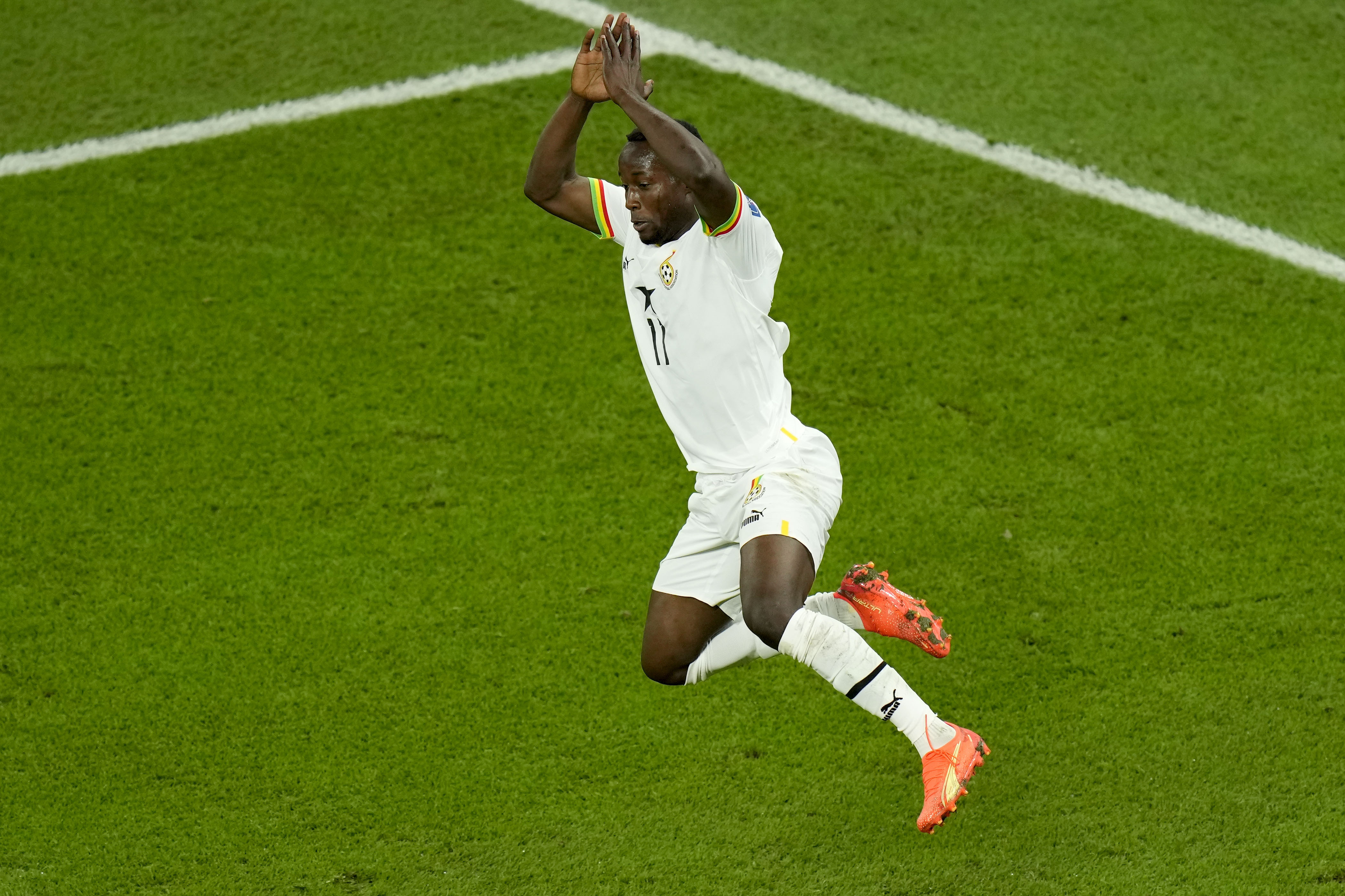 Ghana's Osman Bukari celebrates after scoring his side's second goal during the World Cup group H soccer match between Portugal and Ghana, at the Stadium 974 in Doha, Qatar, Thursday, Nov. 24, 2022. (AP Photo/Francisco Seco)