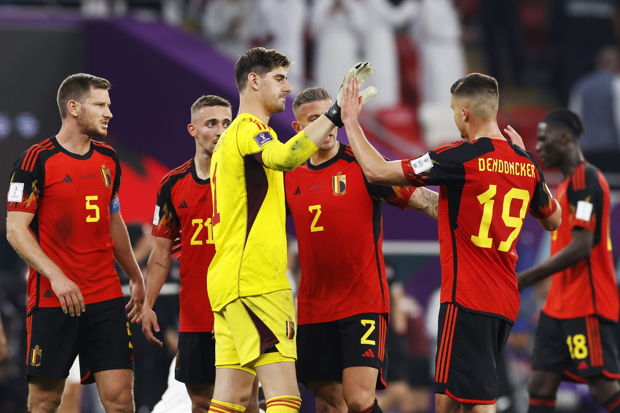 epa10323835 Players of Belgium celebrate after the FIFA World Cup 2022 group F soccer match between Belgium and Canada at Ahmad bin Ali Stadium in Doha, Qatar, 23 November 2022.  EPA-EFE/Rungroj Yongrit