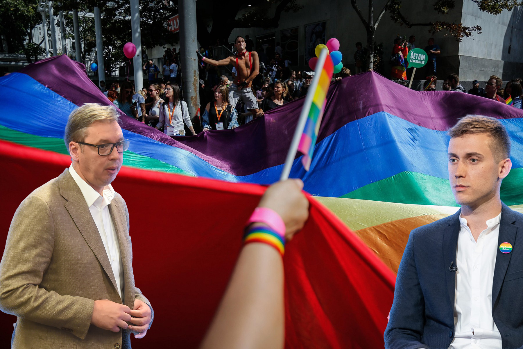 Participants are seen holding a large LGBT flag while walking through the street during the yearly Belgrade Gay Pride. Gay Pride in Serbia has been held since 2001, and this event is the fourth in a row that goes without problems as a large recent Serbian