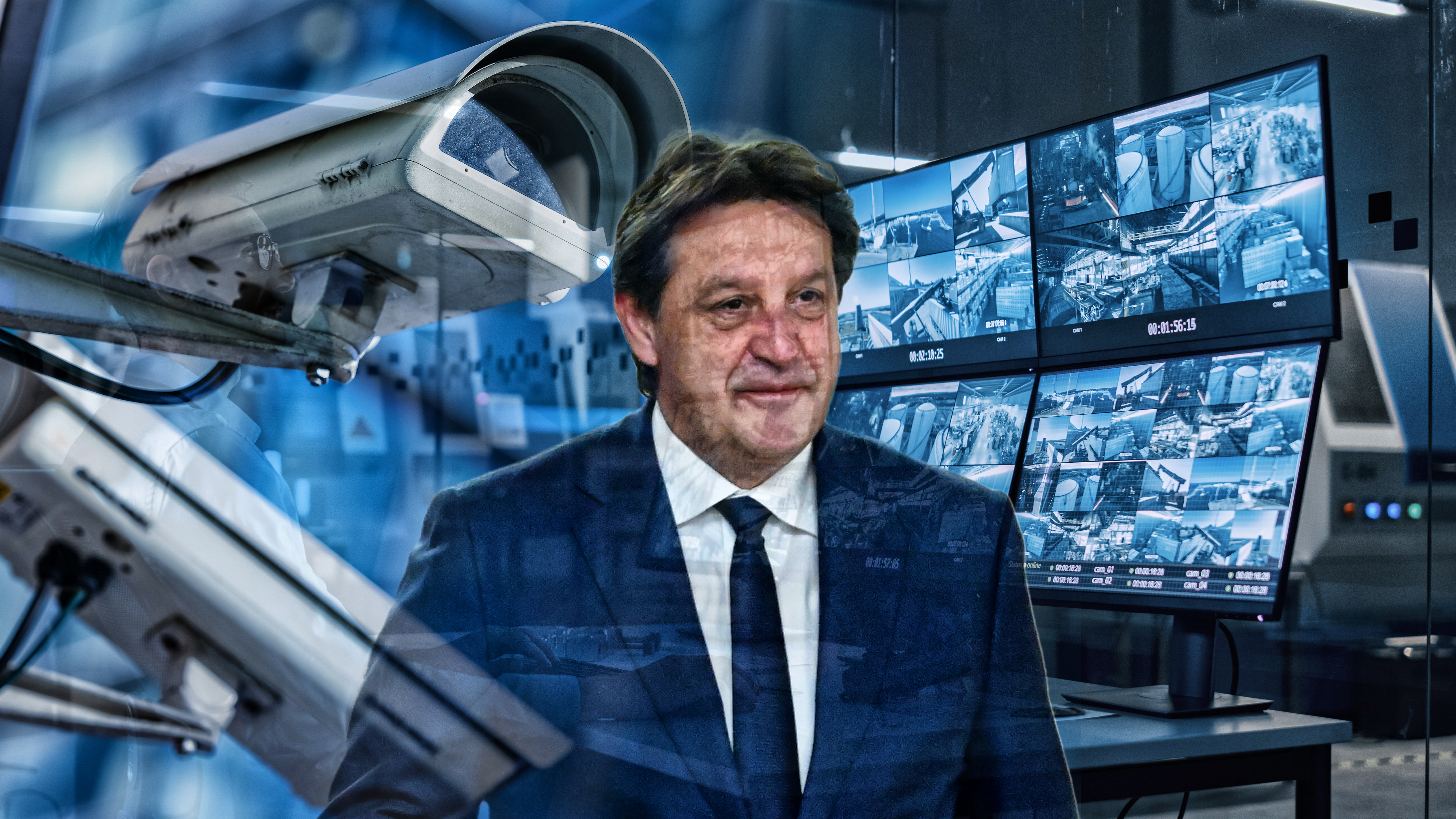 Industry 4.0 Modern Factory: Security Operator Controls Proper Functioning of Workshop Production Line, Uses Computer with Screens Showing Surveillance Camera Feed. High-Tech Security Novi zakon MUP, kamere, Bratislav GAŠIĆ